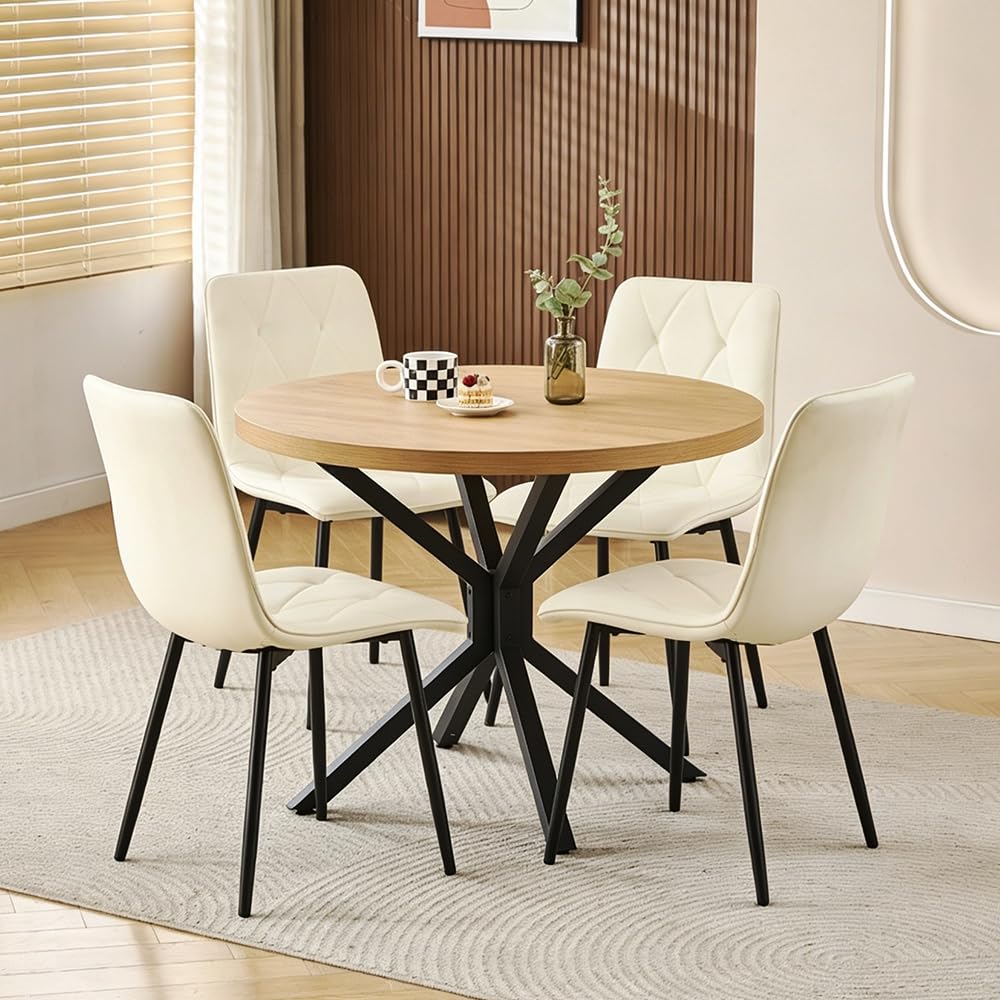 Rainbow Tree Large Round Dining Table and Chairs Set 4, 95cm Wooden Kitchen Table and 4 Diamond Tufted Chairs for Dining Room, Space Saving Dining Table Set