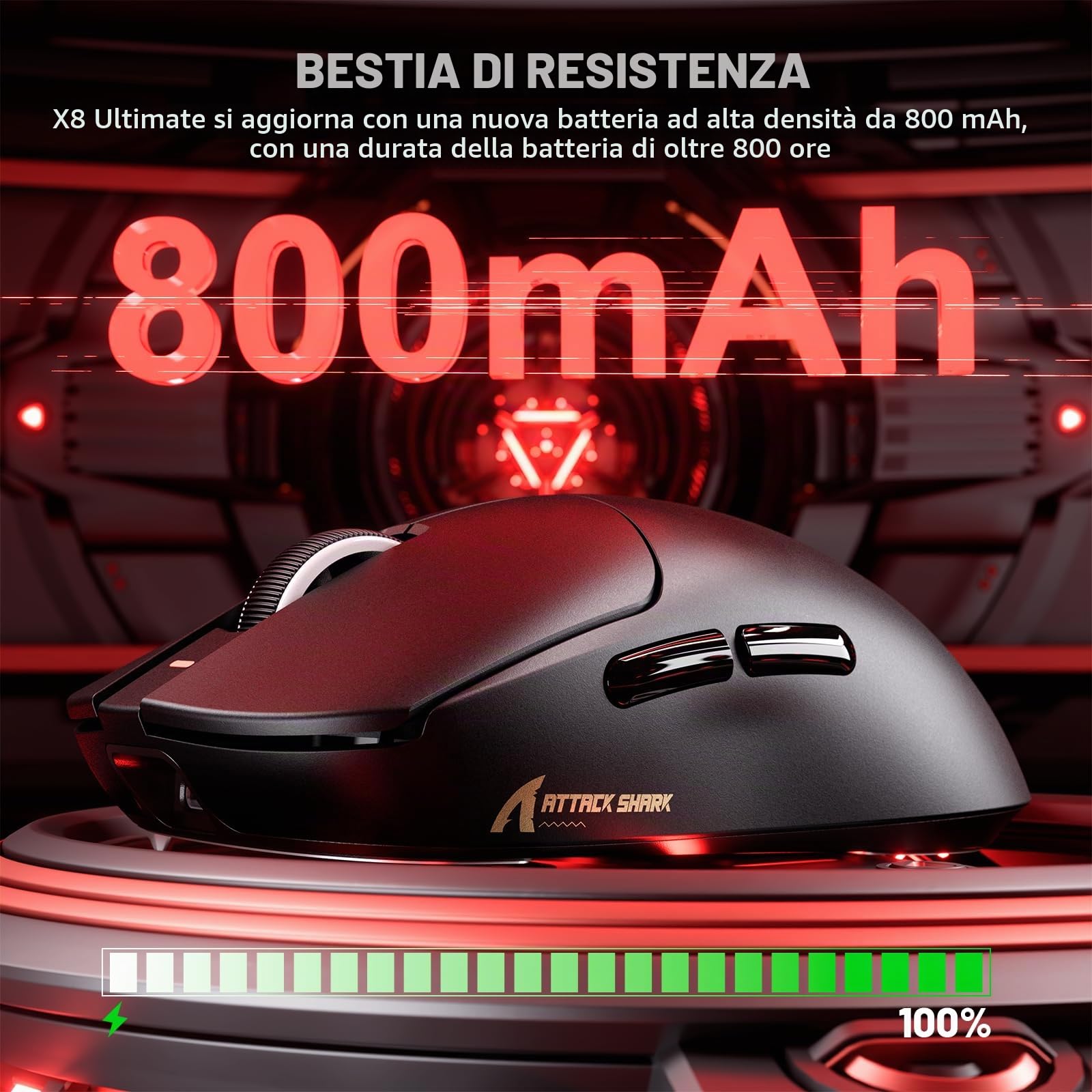 ATTACK SHARK Serie X8 Mouse Gaming Wireless, 55–65 g Ultralight, Sensore PixArt PAW3395/3950, Bluetooth/2.4G & USB, fino a 42.000 DPI, Cavo LED C06 Ultra (X8 ULTIMATE, Nero)