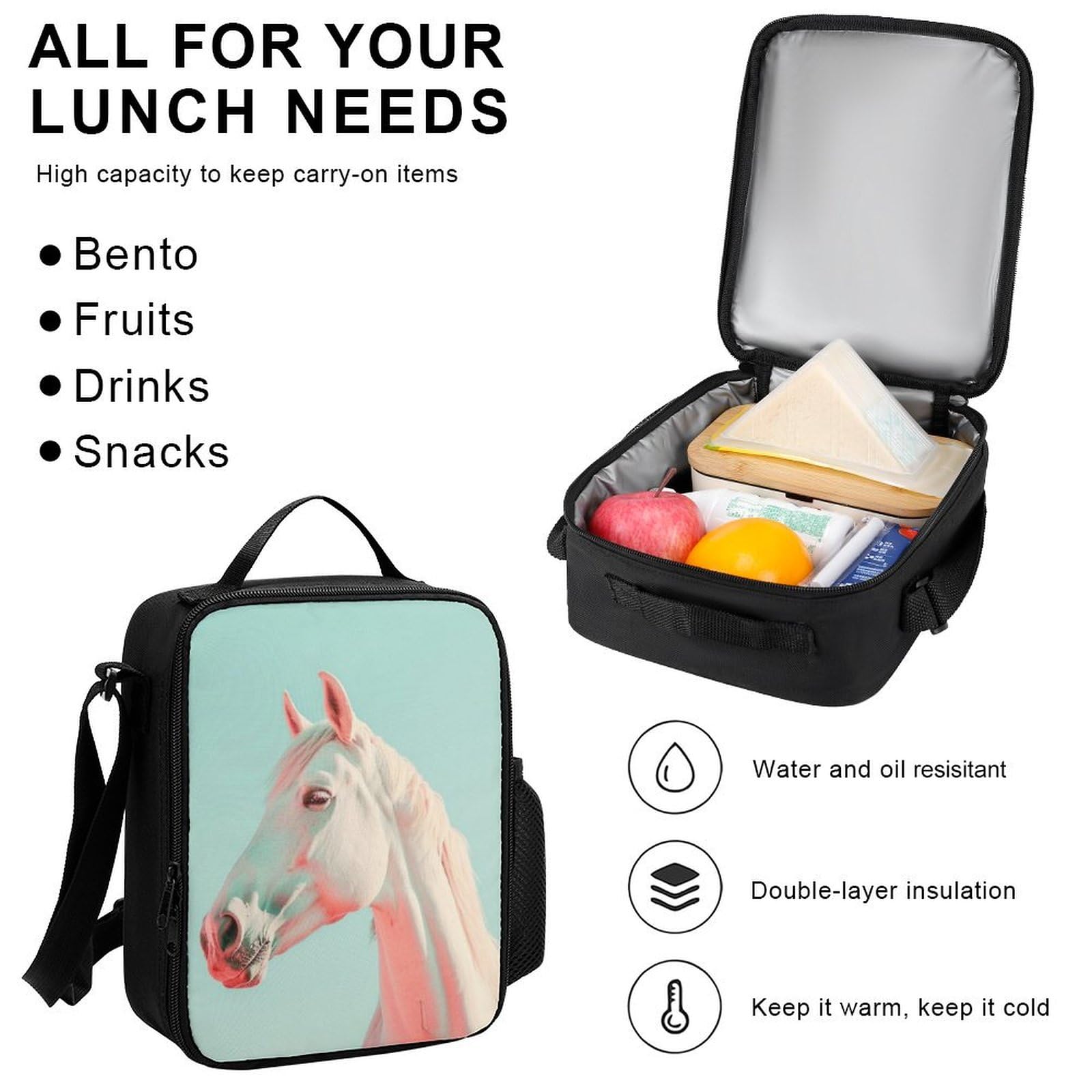 Set de Mochila Caballo Estudiantes con Bolsa Térmica y Estuche, Mochila Escolar Animal Caballo Niña 8-12 Años para Escuela Primaria y Uso Diario