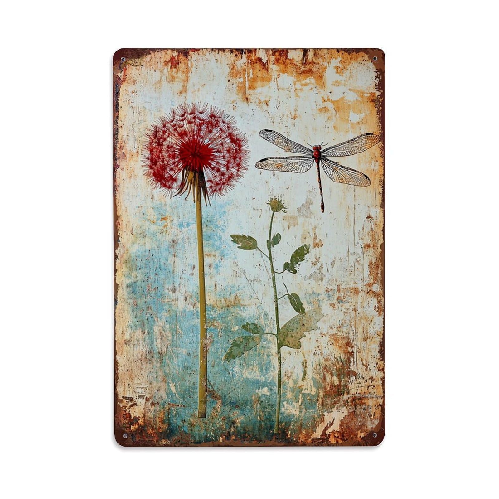 Jdfenggu Vintage Red Dandelion And Dragonfly Print Retro Metal Tin Sign, Metal Poster For Bar, Home, Man Cave, Kitchen, Laundry Room Art Decor 8X12 Inch