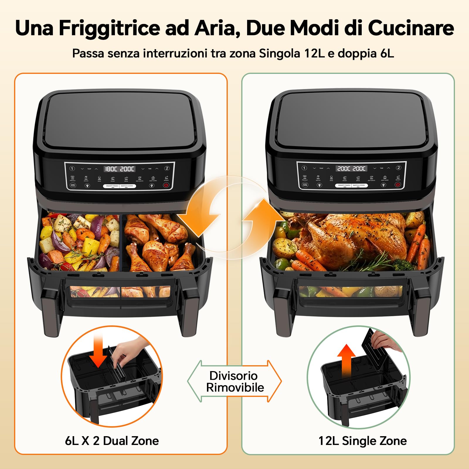 Friggitrice ad Aria 12L XXL con Tecnologia Dual Zone 2-in-1, Air Fryer 2600W con Finestra Visiva & Luce Interna, Smart Finish & Match Cook, 8 Programmi, Divisore & Ricettario Inclusi, Nero