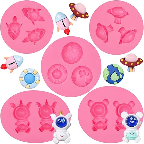 Space Rocket - Moldes de silicona para fondant, 5 unidades, astronauta, naves espaciales, moldes de chocolate para decoración de pasteles, dulces,