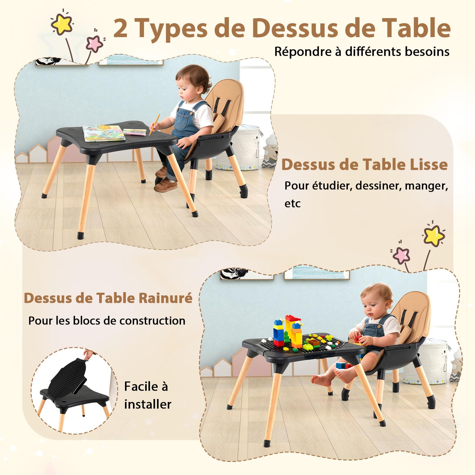 COSTWAY 6 en 1 Chaise Haute Bébé Evolutive, Table en Blocs Convertible, Harnais à 5 Points, Plateau Réglable Amovible, Chaise Haute Bebe en Bois, pour 6-36 Mois, Charge 15 kg, Café