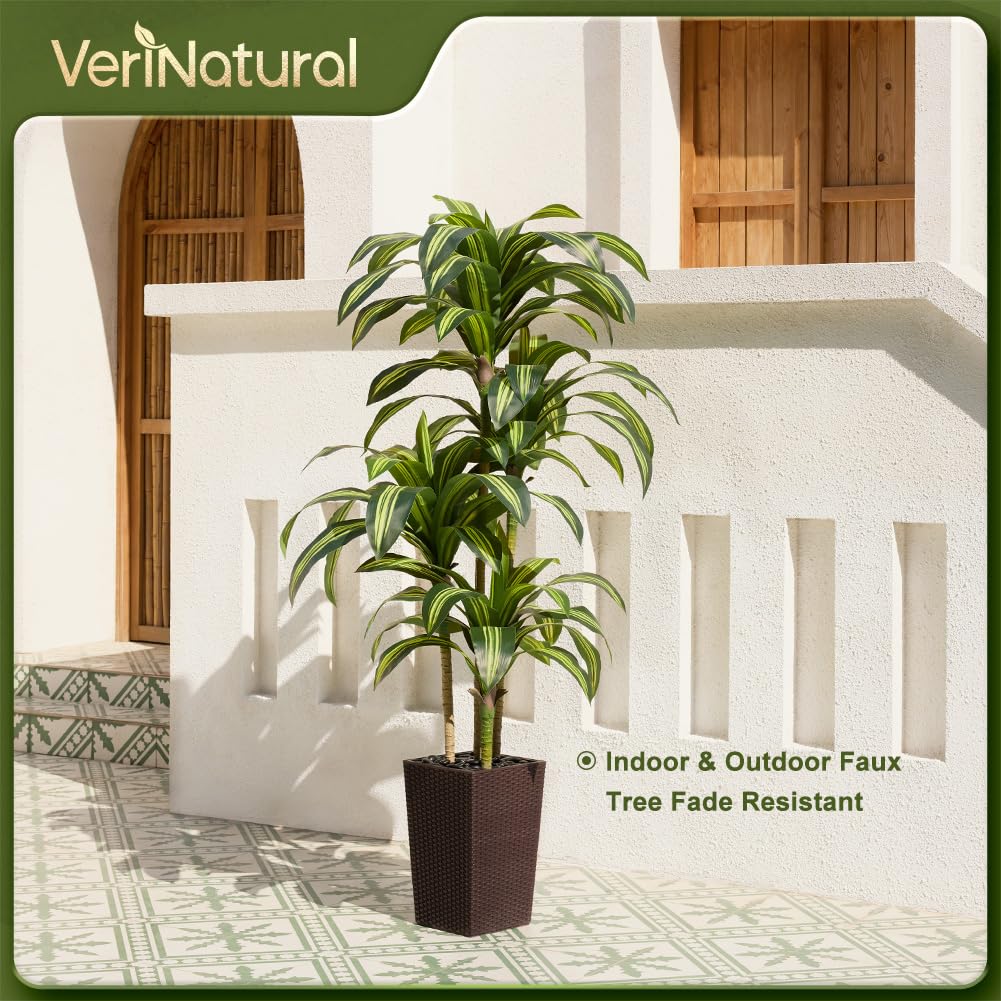 VeriNatural Künstlicher Drachenbaum 180 cm Kunstpflanzen Groß - UV-beständige künstliche Pflanze mit 96 Blättern, Braun Topf & Flusssteinen - Deko Pflanze für Wohnzimmer Büro Indoor Outdoor, VN127 | Kunstpflanzen Groß mit 76 Blättern & Flusssteinen Deko K