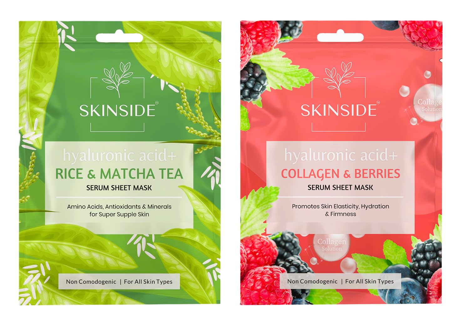 SkinSide Serum Sheet Mask for Glowing Skin with Hyaluronic Acid | Face Mask Sheets Combo for | Hydrating | Tan & Blackheads Removal | Instant Brightening | Pore Reduction | Fairness | Skin Tightening (2, Rice & Matcha Tea | Collagen & Berries)