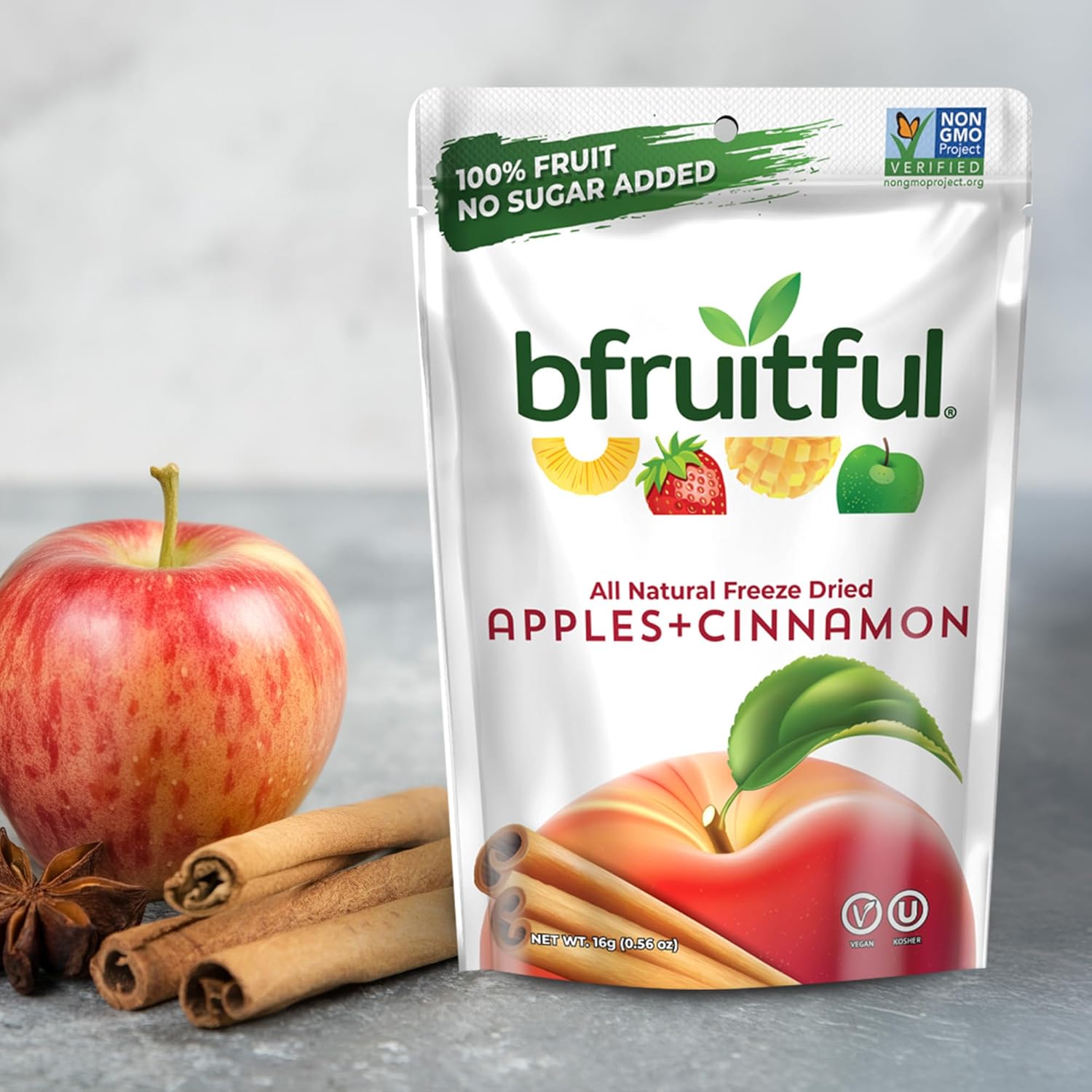 bfruitful Freeze-Dried Apple + Cinnamon, No Sugar Added Freeze Dried Fruit Snack Pack or Kids & Adults, Fresh Apple Bites, No Sugar Added, Vegan, Non GMO, Kosher, oz Single-Serve, 12 Pack