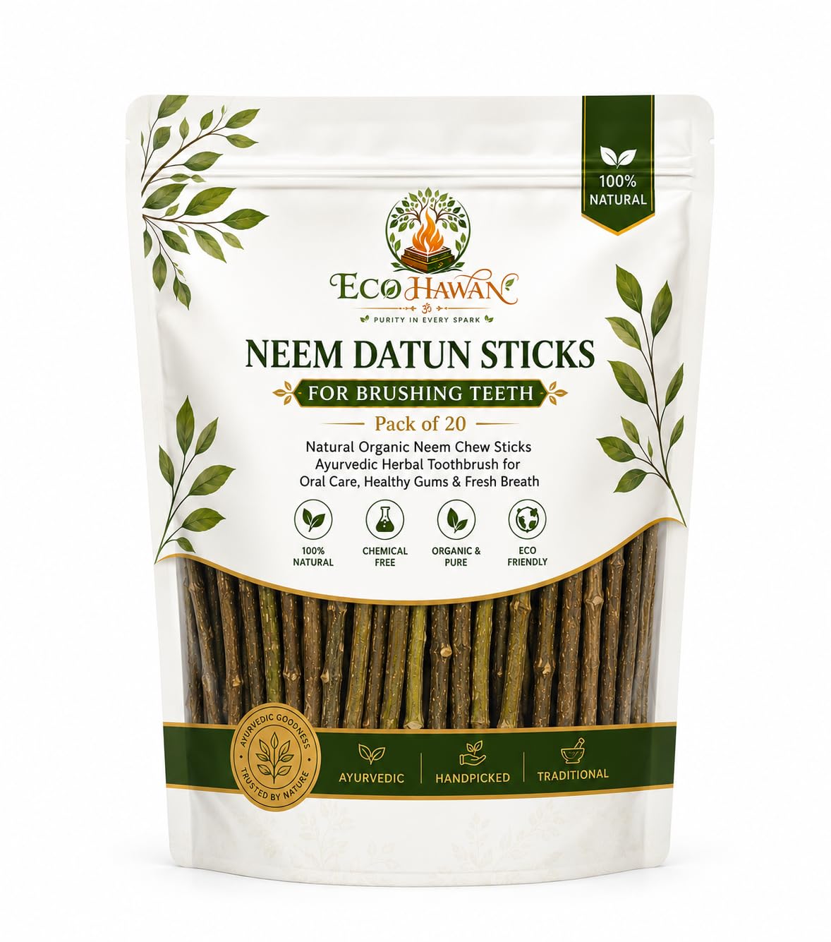 Neem Datun Sticks - Pack of 20 Datuns | Ayurvedic Herbal Toothbrush for Brushing Teeth | 100% Natural Organic Neem Chew Sticks | Chemical-Free Oral Care for Healthy Gums & Fresh Breath-image-19
