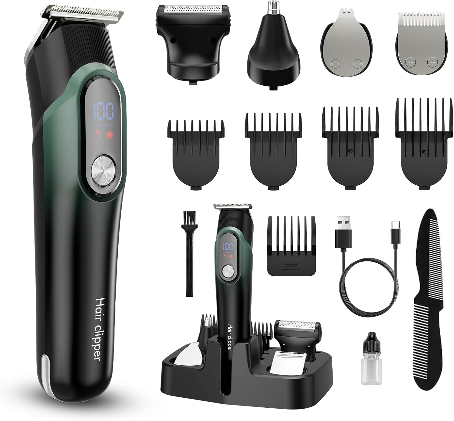 Beard Trimmer for Men: Professional Barber Hair Clippers, 5-in-1 Cordless Grooming Kit, Rechargeable Electric Razor & Shaver for Face, Mustache, Body, Ear, Nose Hair Trimmer with LED Display, Cyan