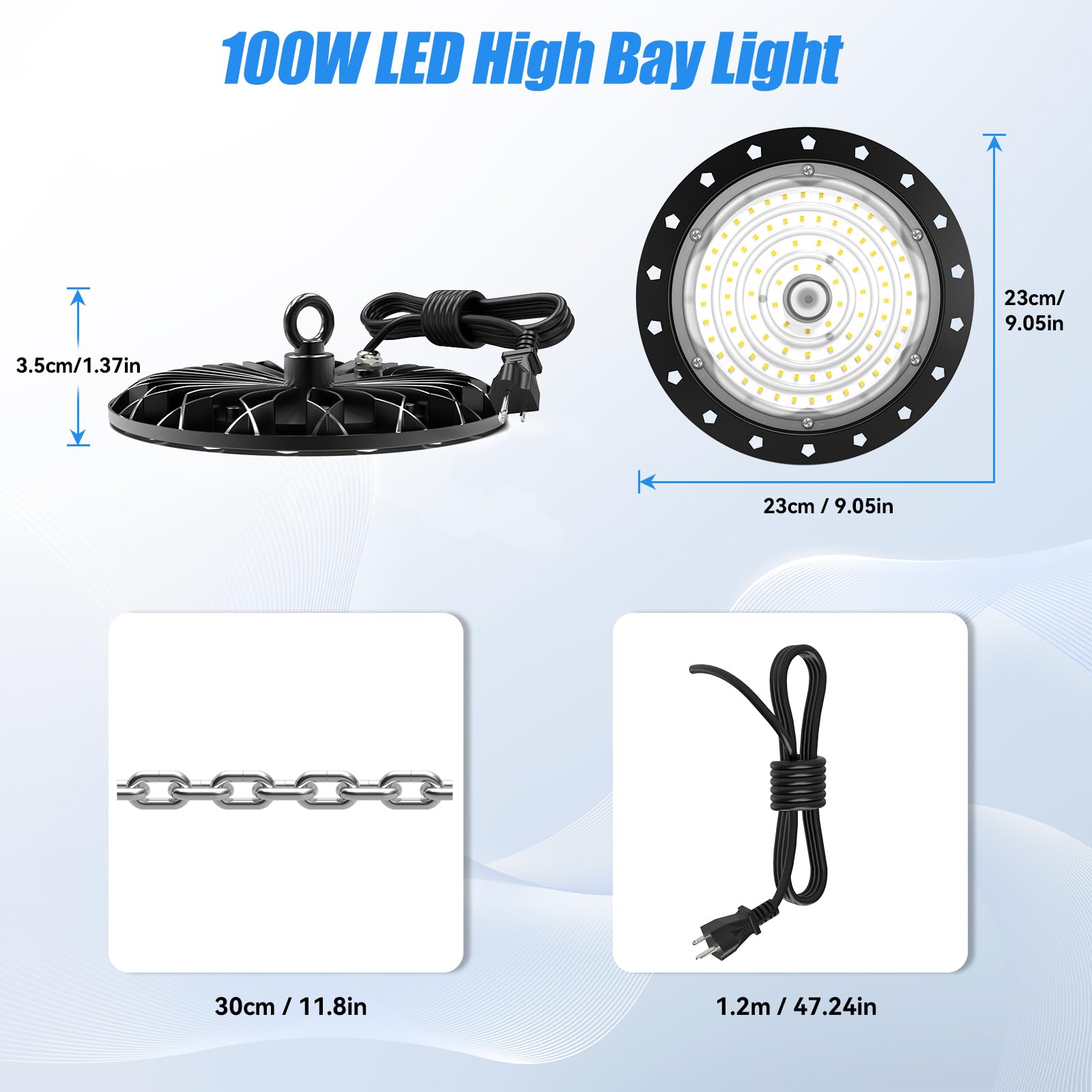 UFO LED High Bay Light 100W 10000LM 5000K Shop Lights for Garage Warehouse Workshop Gym Barn 5Ft Power — view 3