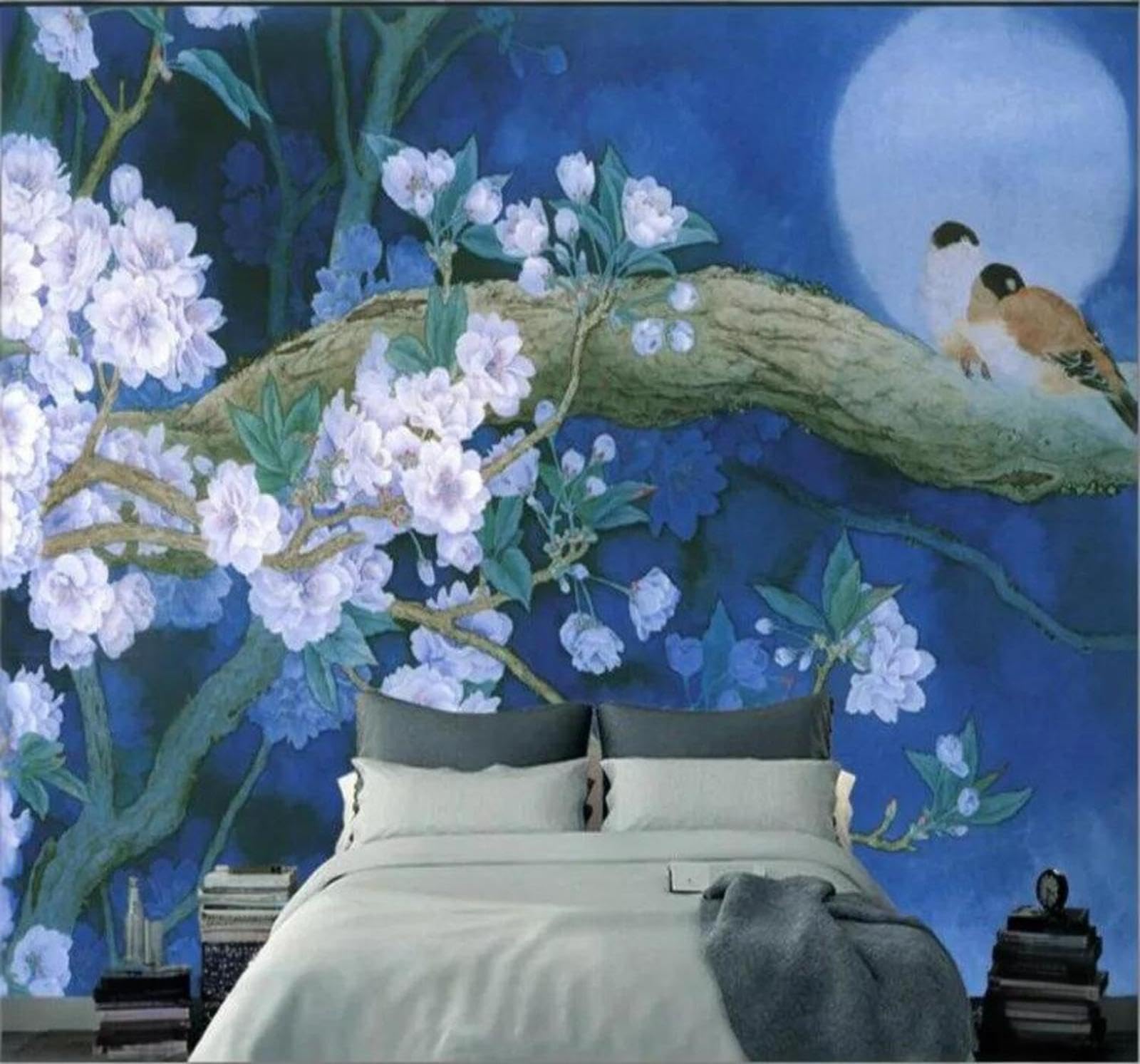 Wallpaper-3D-Xlm 200Cm×140Cm(B×H) Three Dimensional Retro Hand Drawn Blue Flowers And Birds 3D Wallpaper Easy Install Feature Office Living Room Sofa Bedroom Tv Background Wall Decoration-200Cm×140Cm