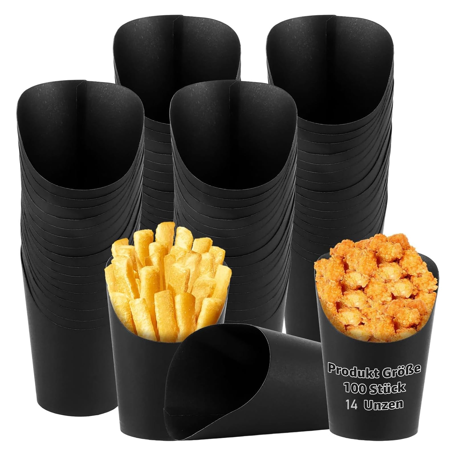 100 Barquettes Frites en Papier Kraft, 14oz Cornet Frite Noir pour Bubble Waffle et Cornet de Glace, Poches à Frites Épaisses Résistantes à l'Huile, 100 Pièces