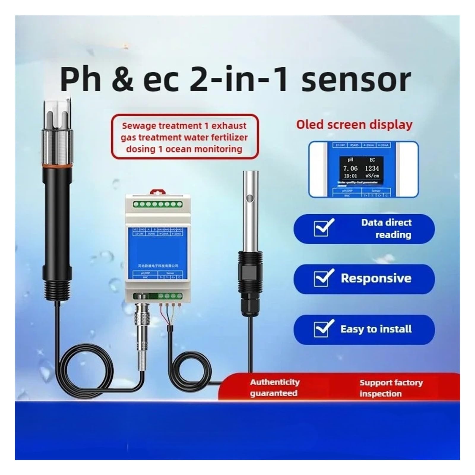 Máquina de fertilizantes aguas residuales industriales, sonda electrodo acidez, tipo carril PH,EC, Sensor detección calidad del agua 2 en 1 RS485 Para uso de bricolaje(Stainless-RS485)
