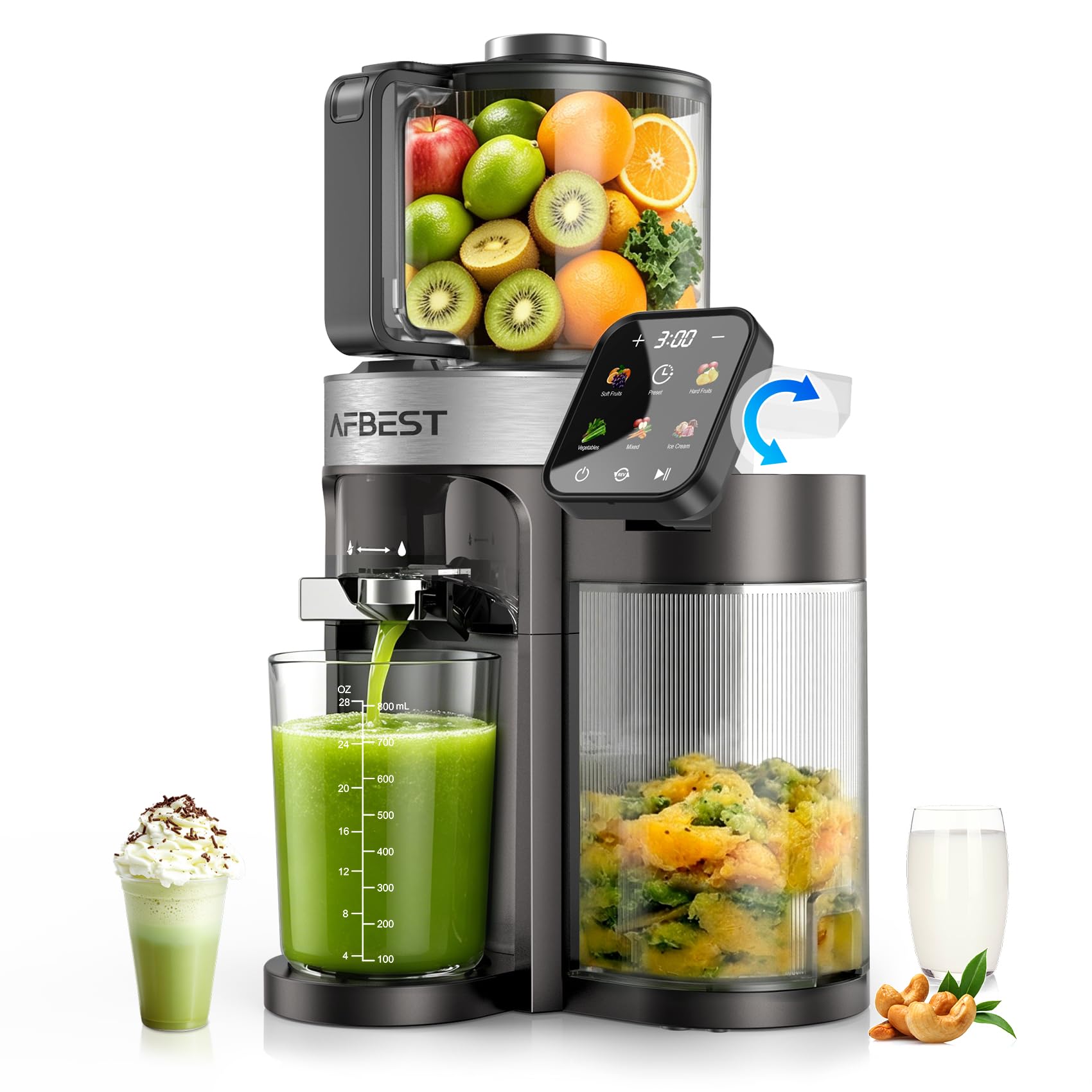 2026 Verbesserter Slow Juicer, Entsafter mit 155 MM Breitem Einfüllschacht und 2,5 L Einfülltrichter, 3-in-1 Smart Touch Juicer Machine für ganze Früchte/Gemüse, Sorbet und Nussmilch (Gray-B)