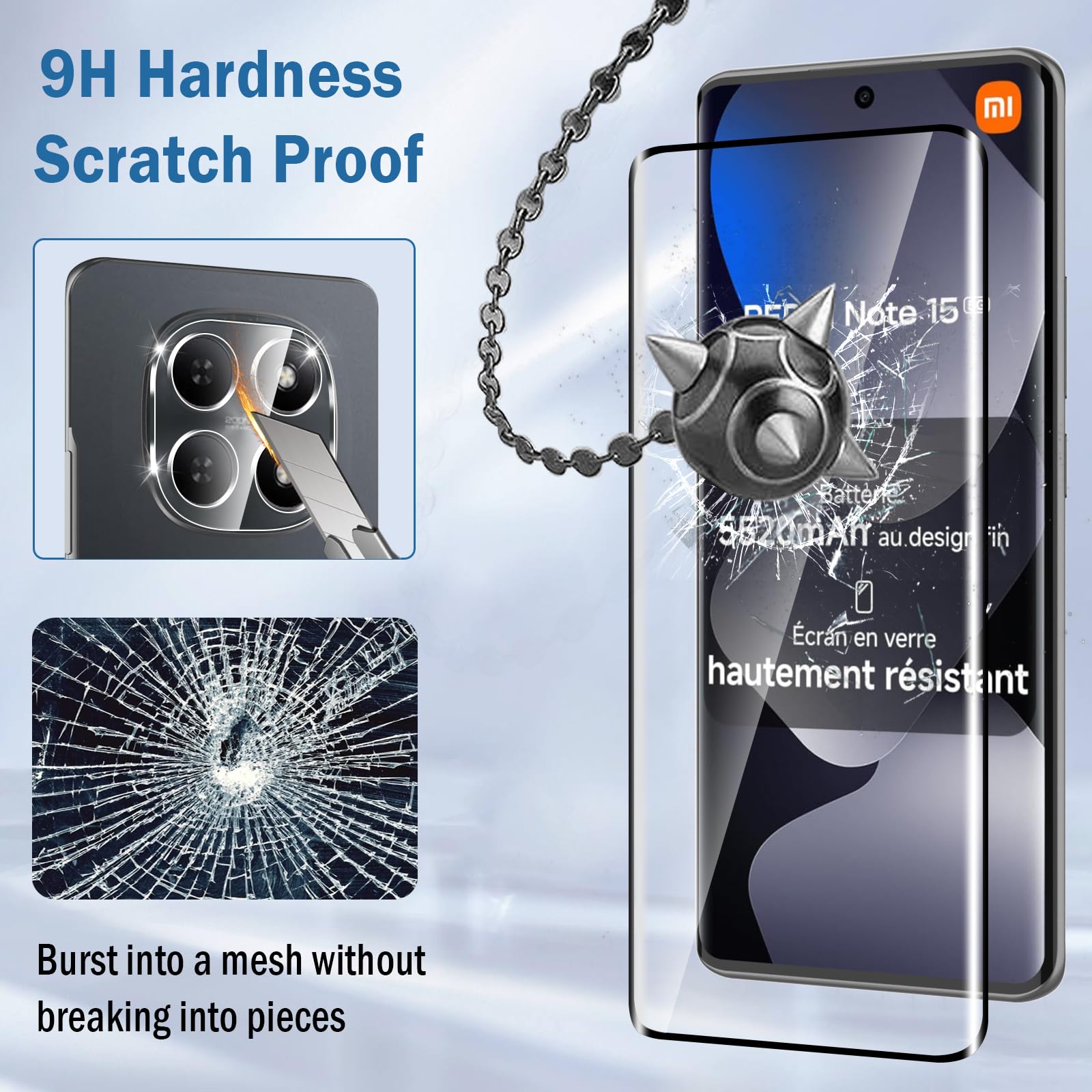 3D Verre Trempé pour Xiaomi Redmi Note 15 5G, 2+2 Pièces Protection d'écran avec Caméra Arrière Protecteur Sans Bulles Anti-Rayures HD Transparent Facile à Installer