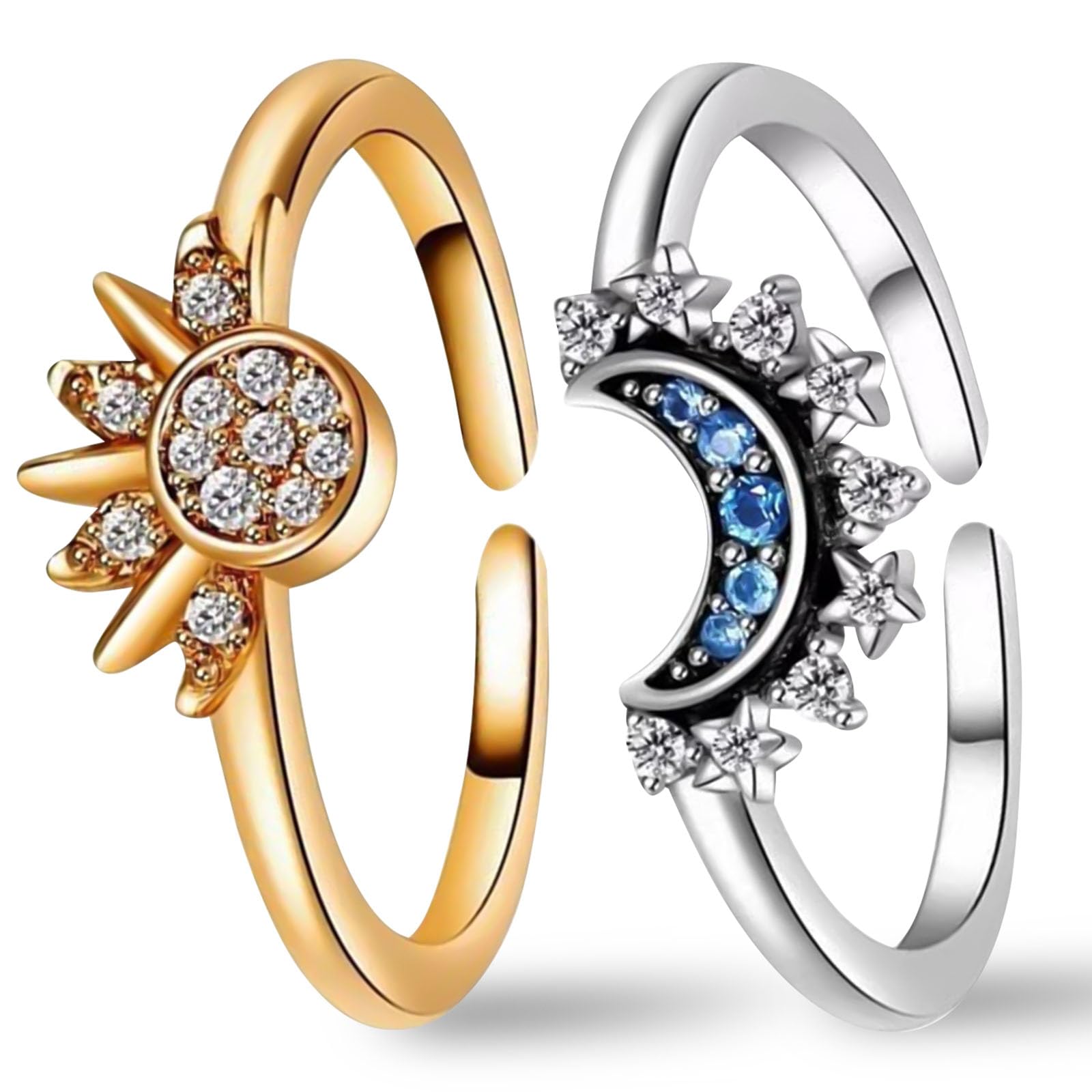2PCS Adjustable Celestial Sun & Moon Ring,Band with Plated Blue Gemstone,Daily Stress Relief Ring Adornment Stackable Ring