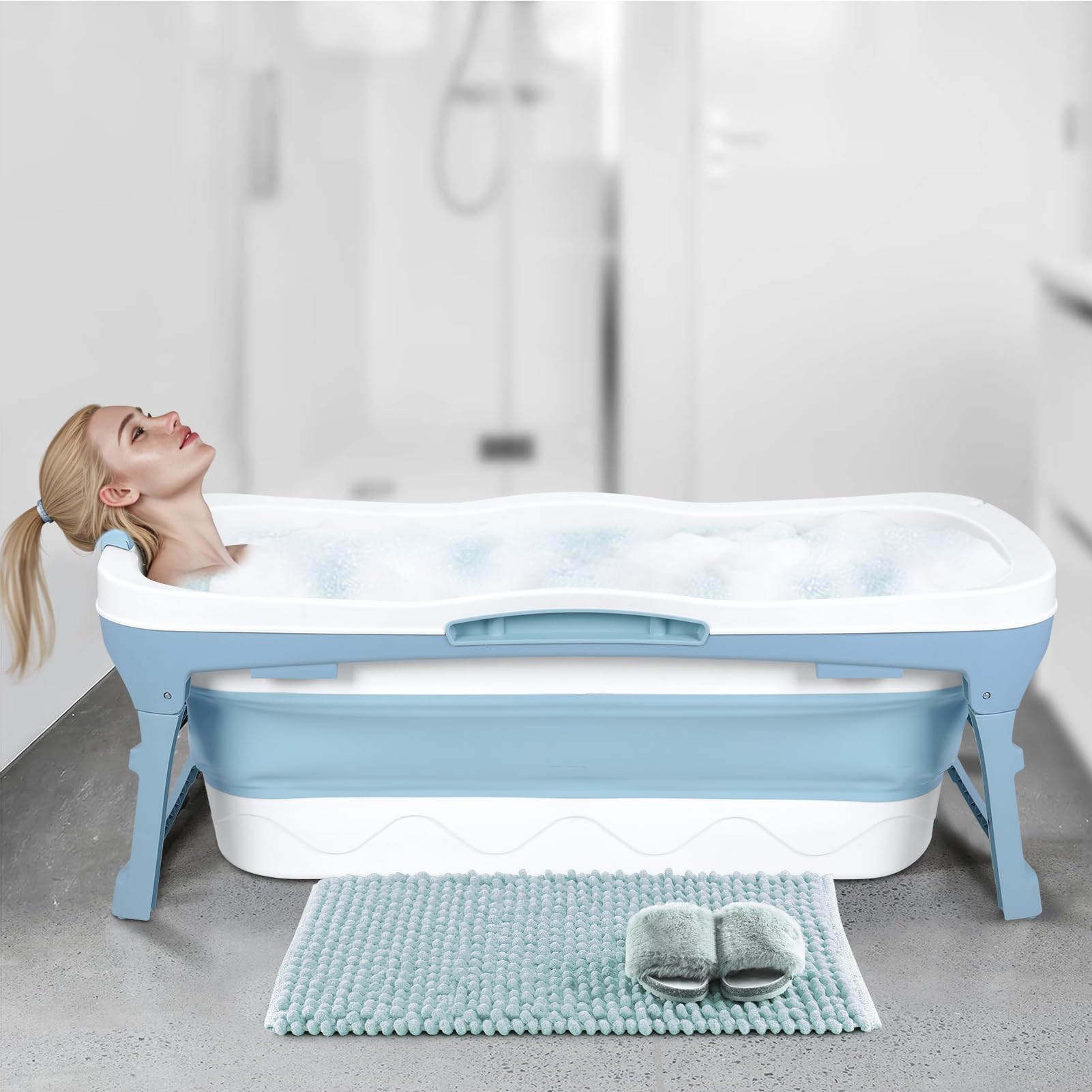 Portable Bathtub for Adult - Large 56'in Foldable Collapsible tub - Ergonomically Designed for the Ultimate Relaxing Soaking Bath. Ideal for Small Spaces - Quick, Effortless Folding Bathtub Blue