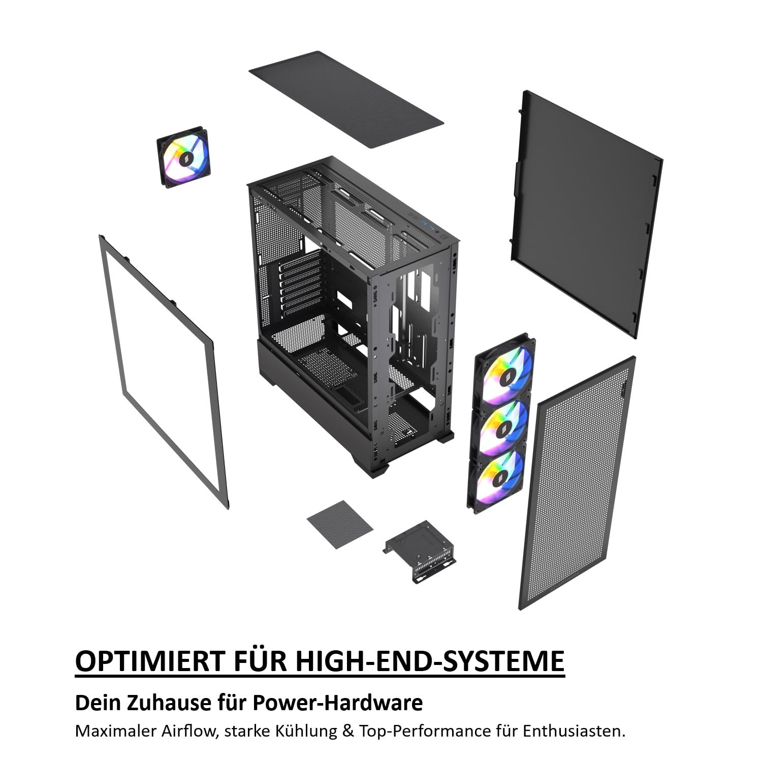 Core 100 A-RGB obudowa PC, ATX Mid-Tower, 4 x wentylator A-RGB PWM 120 mm, przód z siateczki, część boczna ze szkła hartowanego, czarna