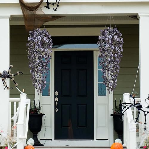 Vista 5 de BLEUM CADE Plantas colgantes falsas, 2 plantas colgantes artificiales, enredaderas de imitación de color morado oscuro, plantas colgantes