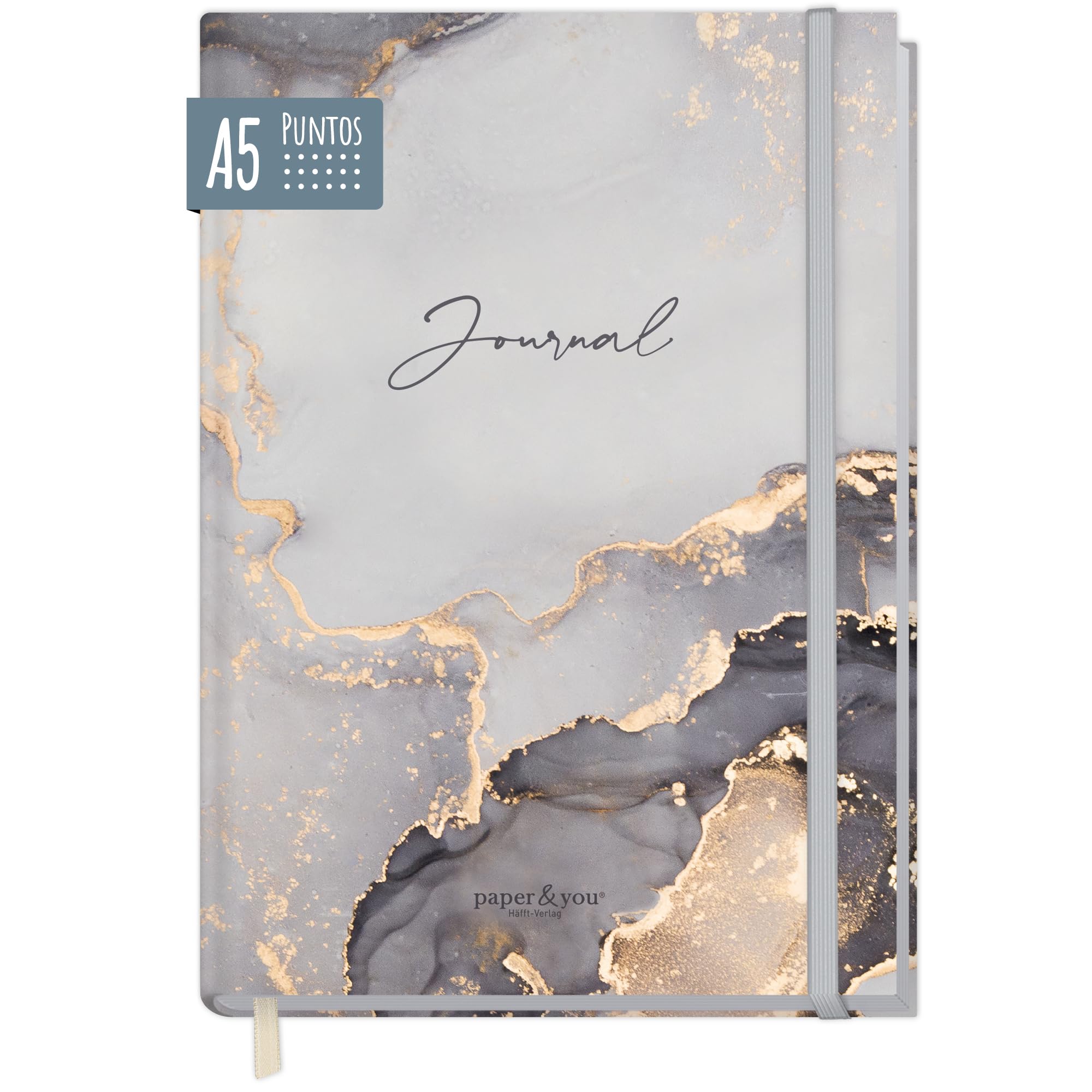 paper&you® Bullet Journal punteado A5 con banda elástica [Mármol Gris] 156 páginas | cuaderno punteado, diario | sostenible & Clima Neutral