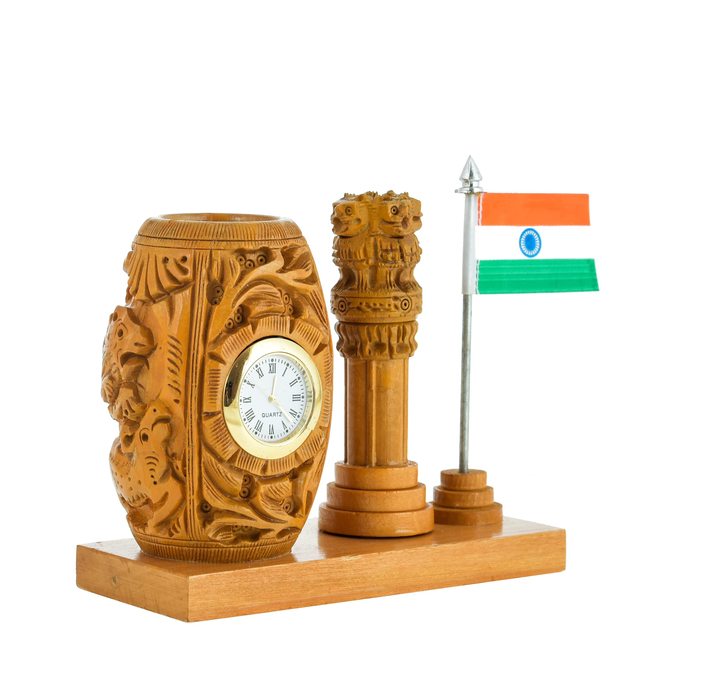 Kaka jiji Handicraft Stylish 5 Inches Wooden Pen stand with Clock Ashok Stamb for office/study table decoration items I Brown Color Pen/Pencil Holder Pack of 1 II Teachers Day Gifting (5 Inches) 2