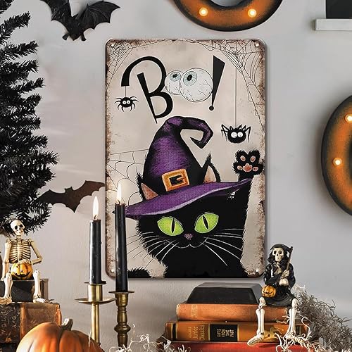 Decoración de Halloween, diseño de gato negro con texto en inglés Happy Halloween, letreros de metal vintage, decoración de pared de Halloween,