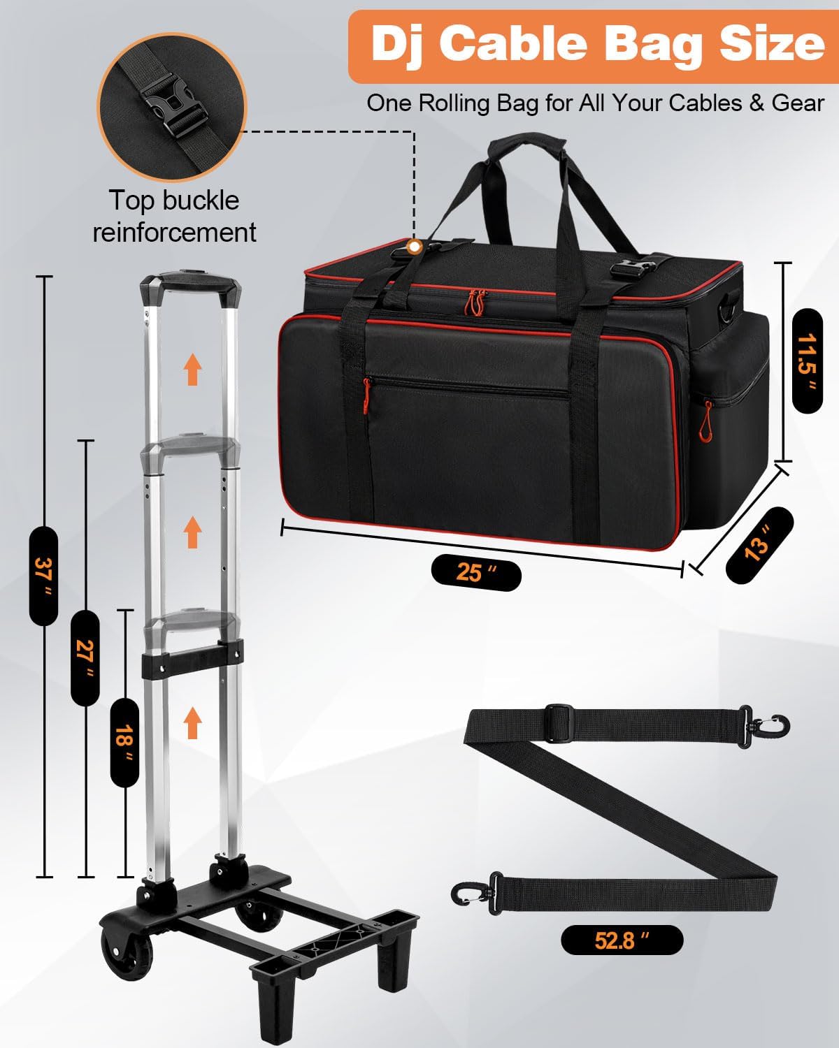 Large Rolling DJ Cable Bag with Laptop and Microphone Pocket DJ Equipment Bag with Detachable Dividers & Trolley, Padded Cable Organizer Bag, Waterproof Gig Bag for Professional DJ, Music Gear Travel