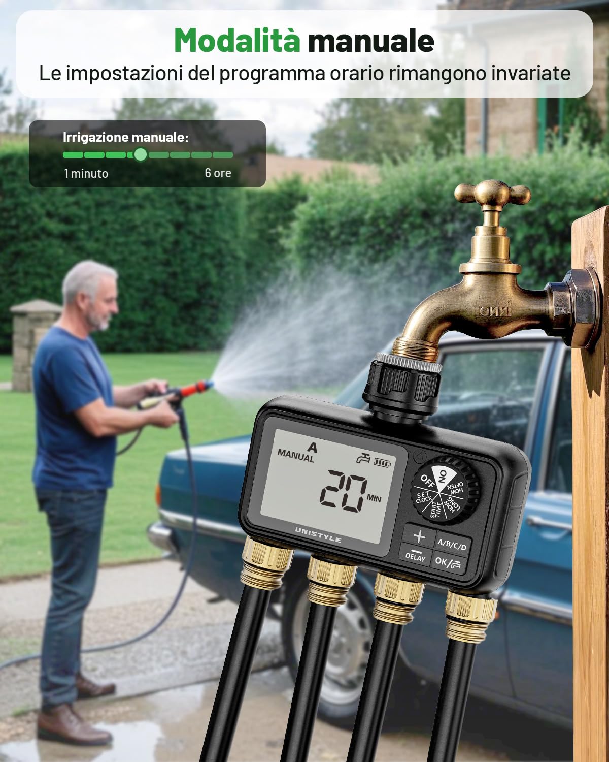 Unistyle Computer per irrigazione a 4 uscite, con timer automatico per l’irrigazione, ingresso in ottone integrato, per giardino, prati (versione in lingua italiana non garantita)