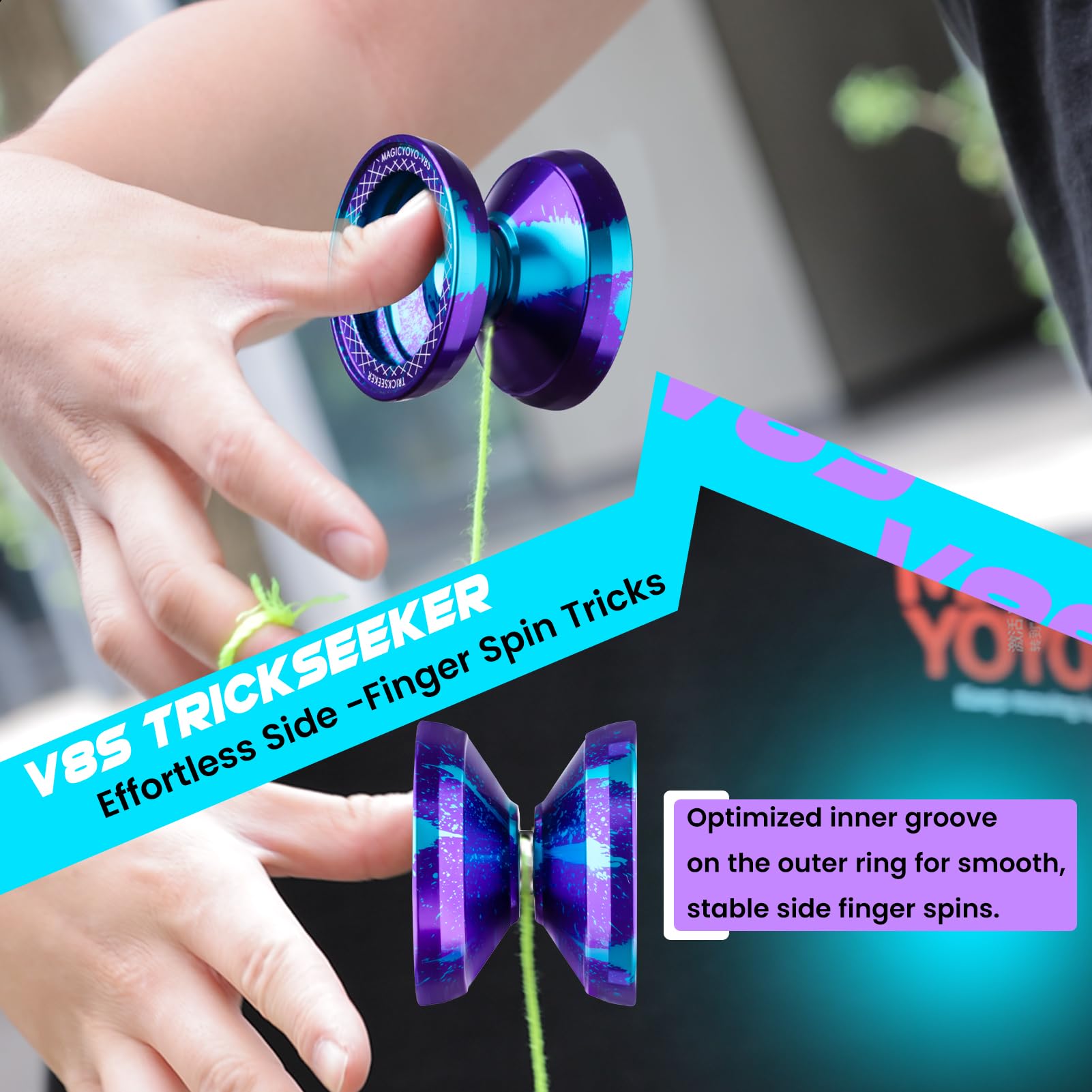 MAGICYOYO V8S JoJo für Kinder ab 8 Jahren - Profi Finger-Spin Yoyo für Anfänger & Fortgeschrittene, 2-in-1 JoJo (Responsive & unresponsive), Trick-JoJo inkl. 12 Schnüren & Tasche