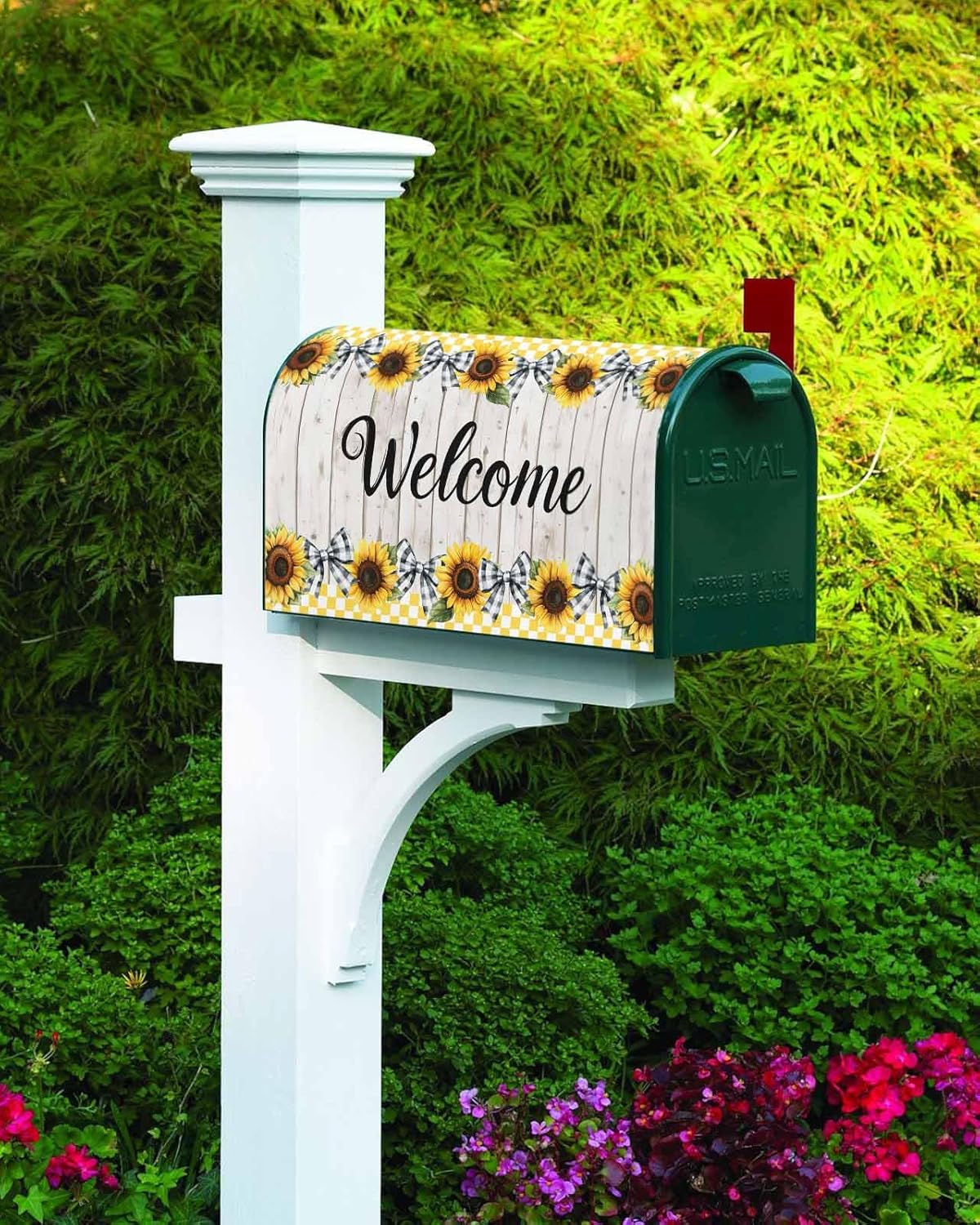Mailbox Covers Magnetic Oversized 21x25.5In Outside Mailbox Decorations Watercolor Sunflower and Bow White Board Grain Magnetic Postbox Covers Wrap for Garden Yard Home