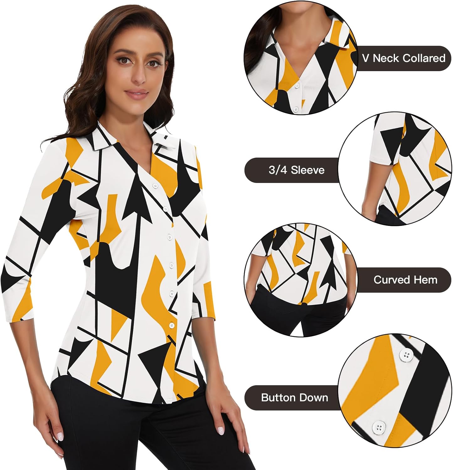 Soneven Womens Golf Polo Shirts 3/4 Long Sleeve V Neck Button Down Shirts Business Causal Work Blouses Tops - Image 3