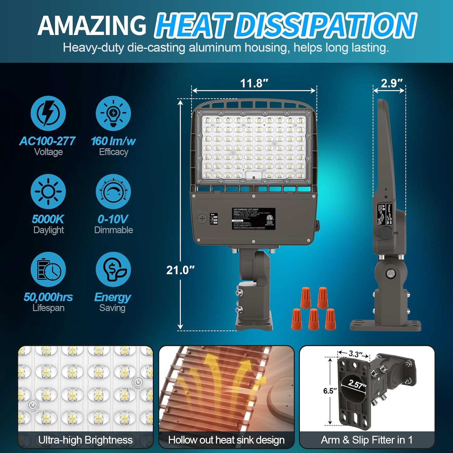 AKK 240W LED Parking Lot Light 220W 200W Selectable, 38400LM (160LM/W) LED Shoebox Pole Lights, Adjustable Arm & Slip Fitter in 1 Mount, Dusk to Dawn Photocell Area Light, Waterproof LED Street Lights