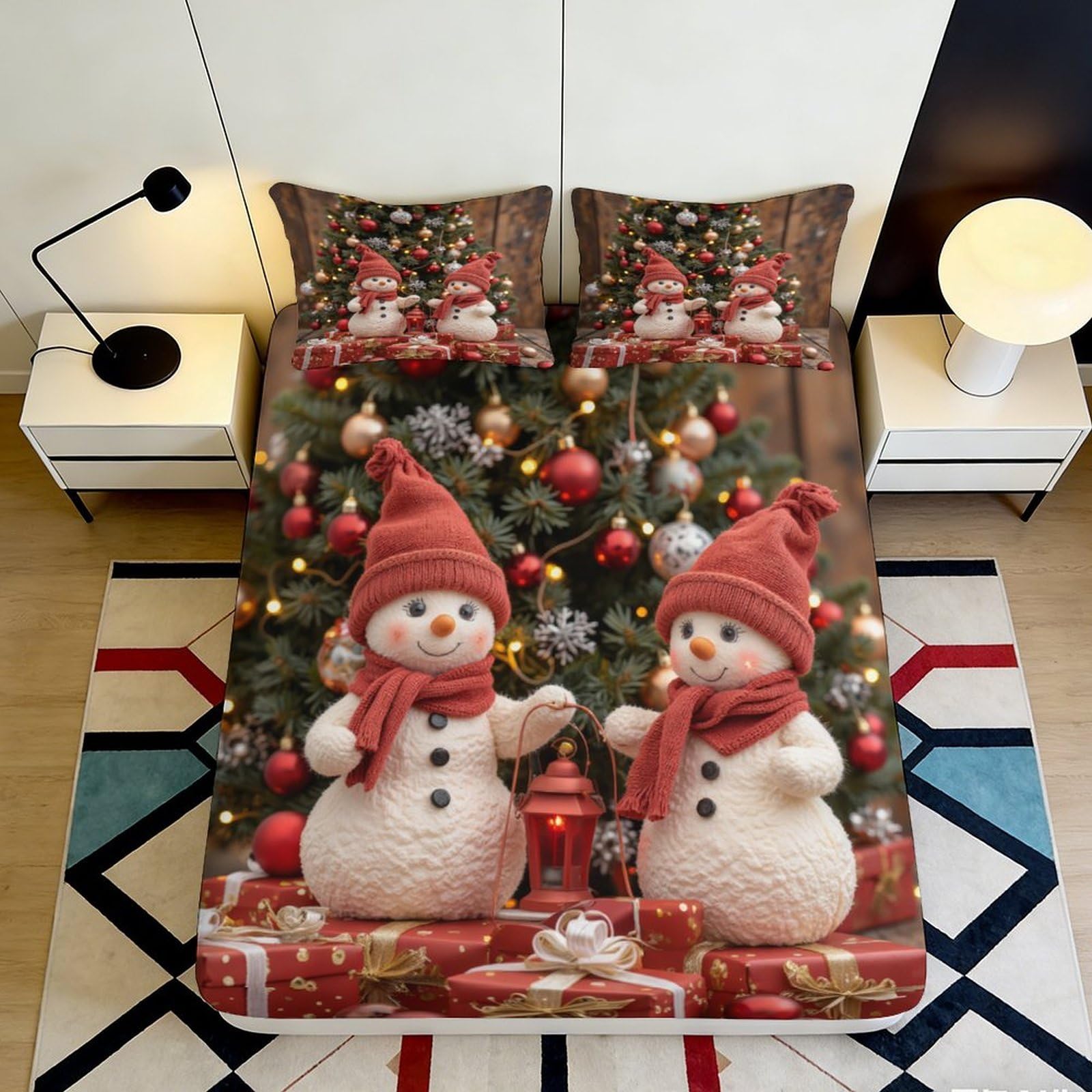 3D Printed Christmas Snowman Fitted Sheet Microfiber Soft Festive Tree Bed Cover for Bedroom Guest Room Decor 160x200x25cm