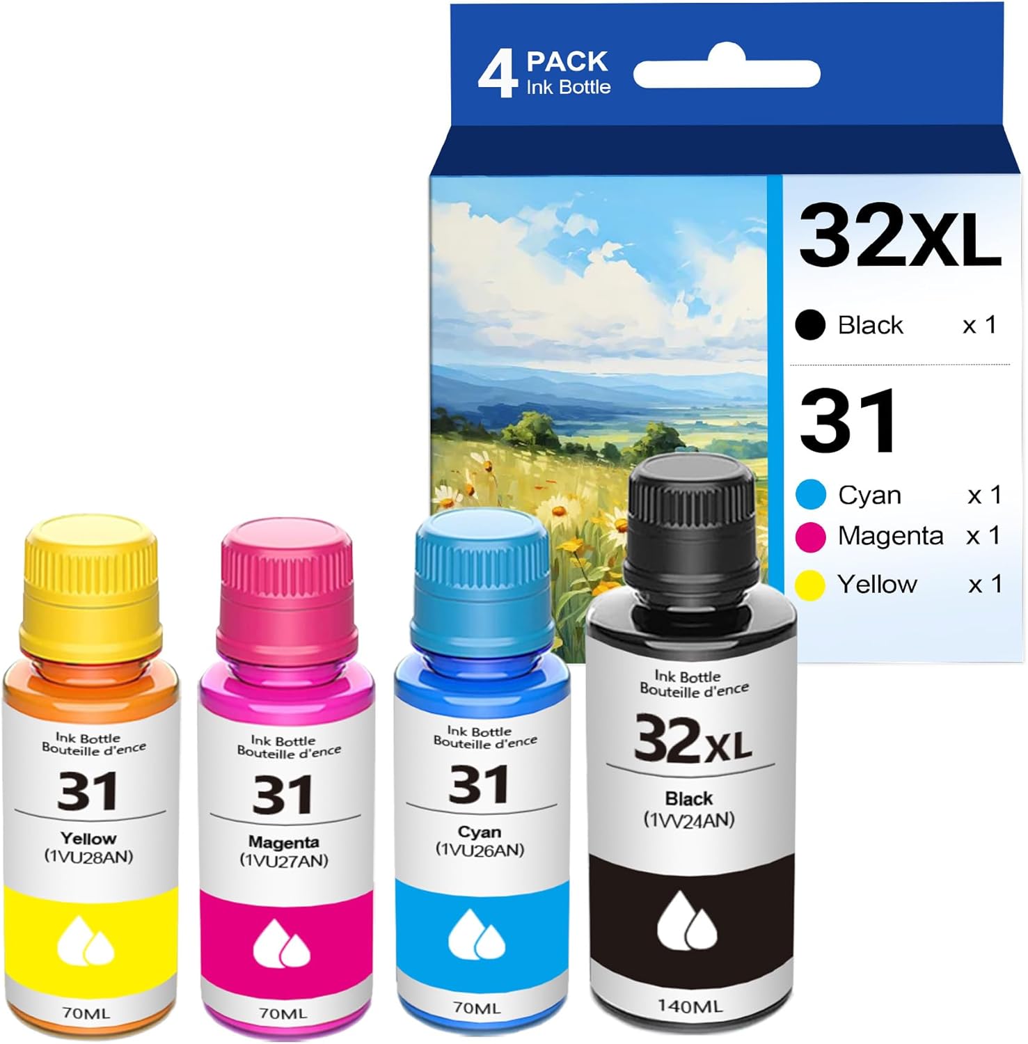 31 32XL Refill Ink Bottle Set - 1VV24AN 1VU26AN 1VU27AN 1VU28AN Replacement for HP Smart Tank 7301 6001 5101 5102 7001 7002 7602, Plus 651 551 Printer (4-Pack, Black/Cyan/Magenta/Yellow)