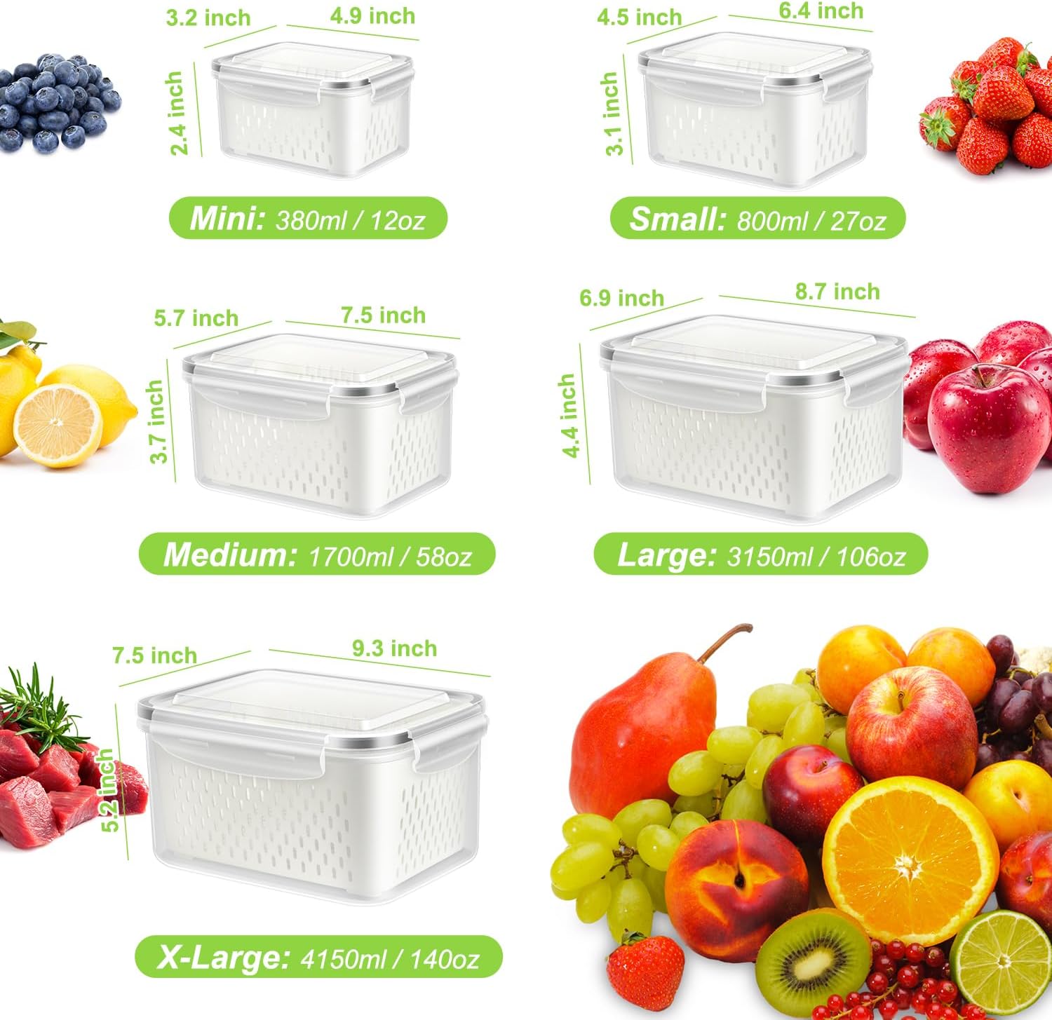 10 Pieces Fruit Storage Container for Fridge,with Removable Colander
