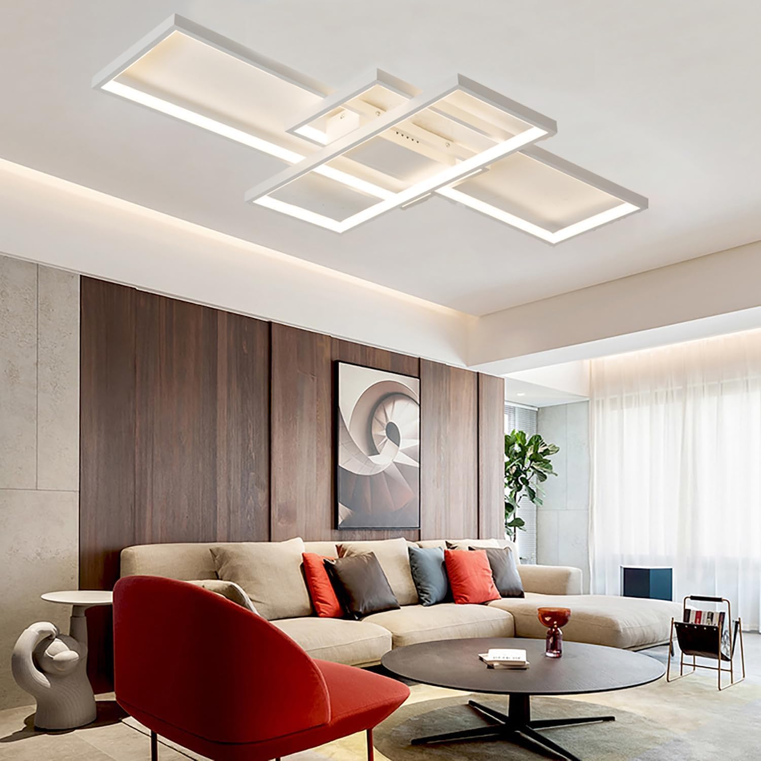 Lampa sufitowa LED, przyciemniana, pilot zdalnego sterowania, 3000–6000 K, nieregularny, prostokątny kształt, akrylowa, do salonu, kuchni, energooszczędna, dekoracyjna, czarna, 80x45cm /65W