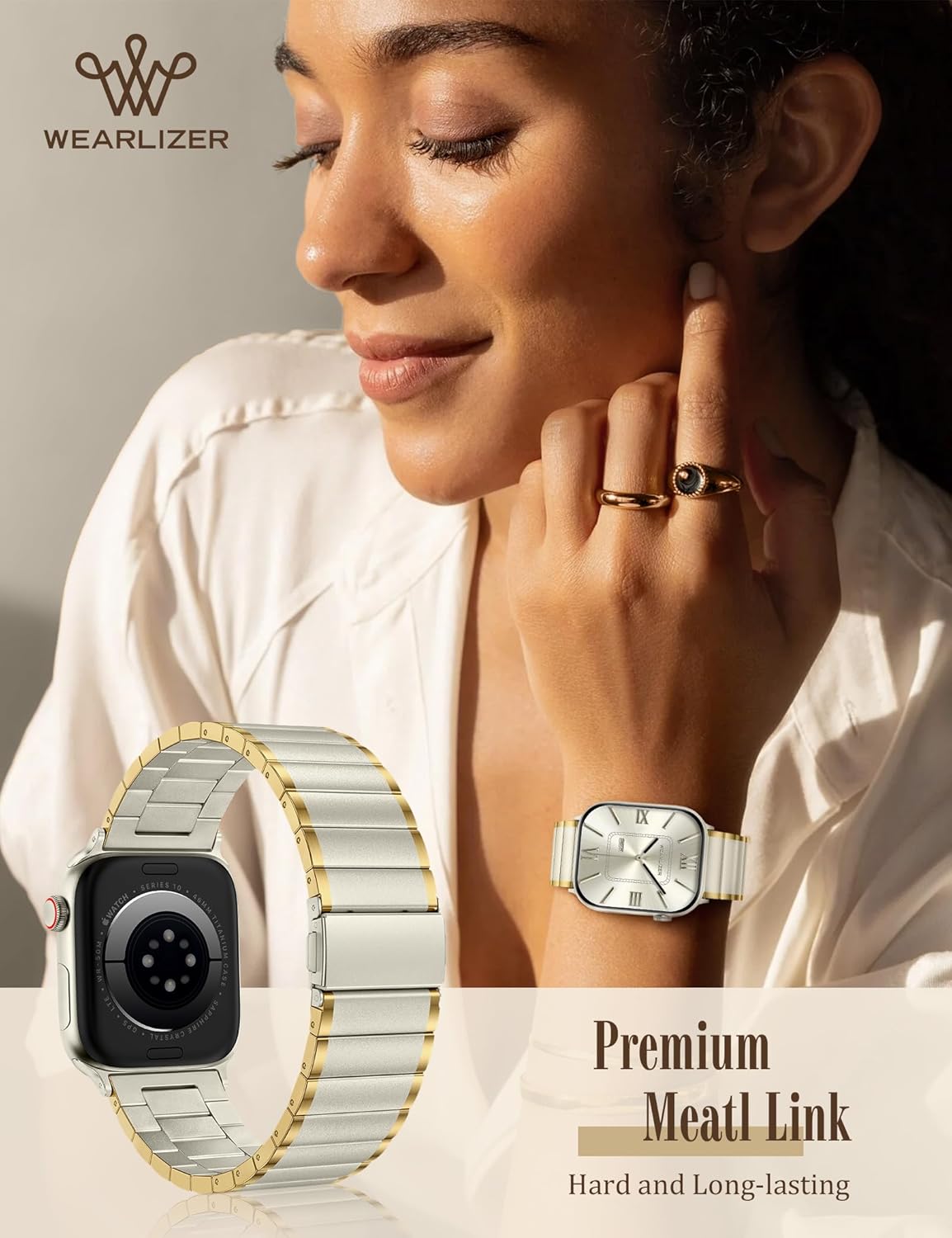 Wearlizer Two Tone Metal Band Compatible with Apple Watch Bands 40/38/41/42/44/45/46/49mm Women Men, Dressy Rectangular Chain Design Durable Stainless Steel Bracelet for iWatch Series 11-1/SE/Ultra - Image 2