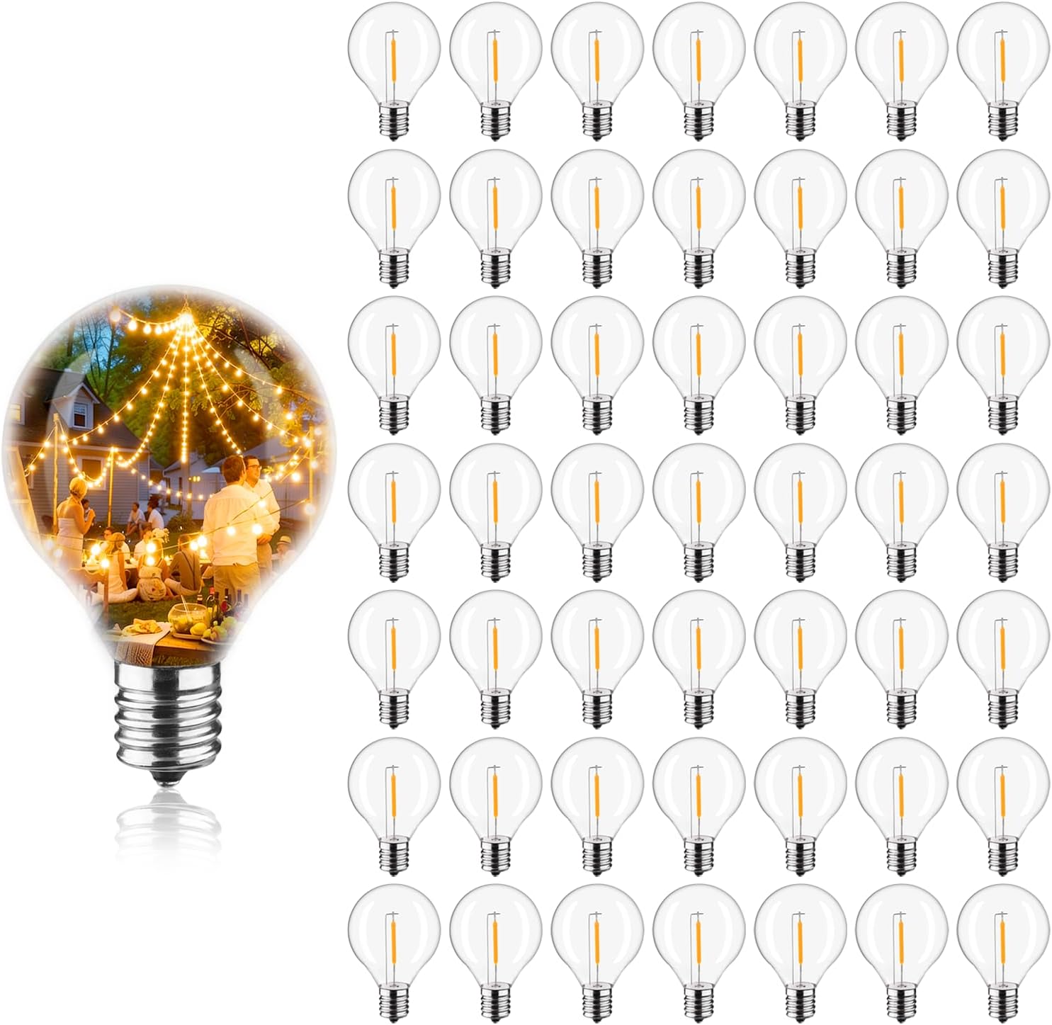KGC G40 LED String Light Bulbs, 1.5 Inches Shatterproof LED Replacement Bulbs for Outdoor String Lights, 0.6Watt Equvanlent to 7Watt Incandescant Bulbs, E12 Screw Base, 2700K - 50Pack