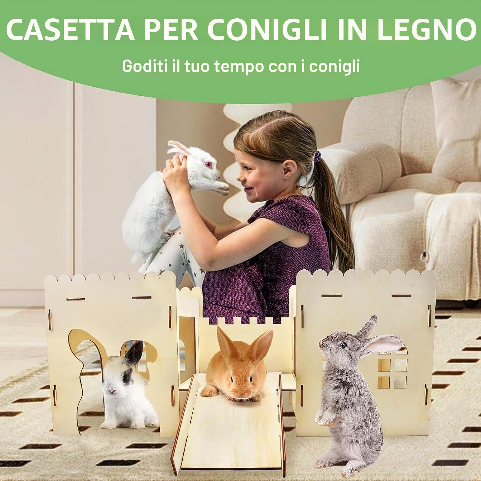 Castello in Legno per Conigli, casetta in Legno per Conigli, ventilato, Habitat con Scale a Forma di Grotta per Piccoli Animali Che dormono e Giocano