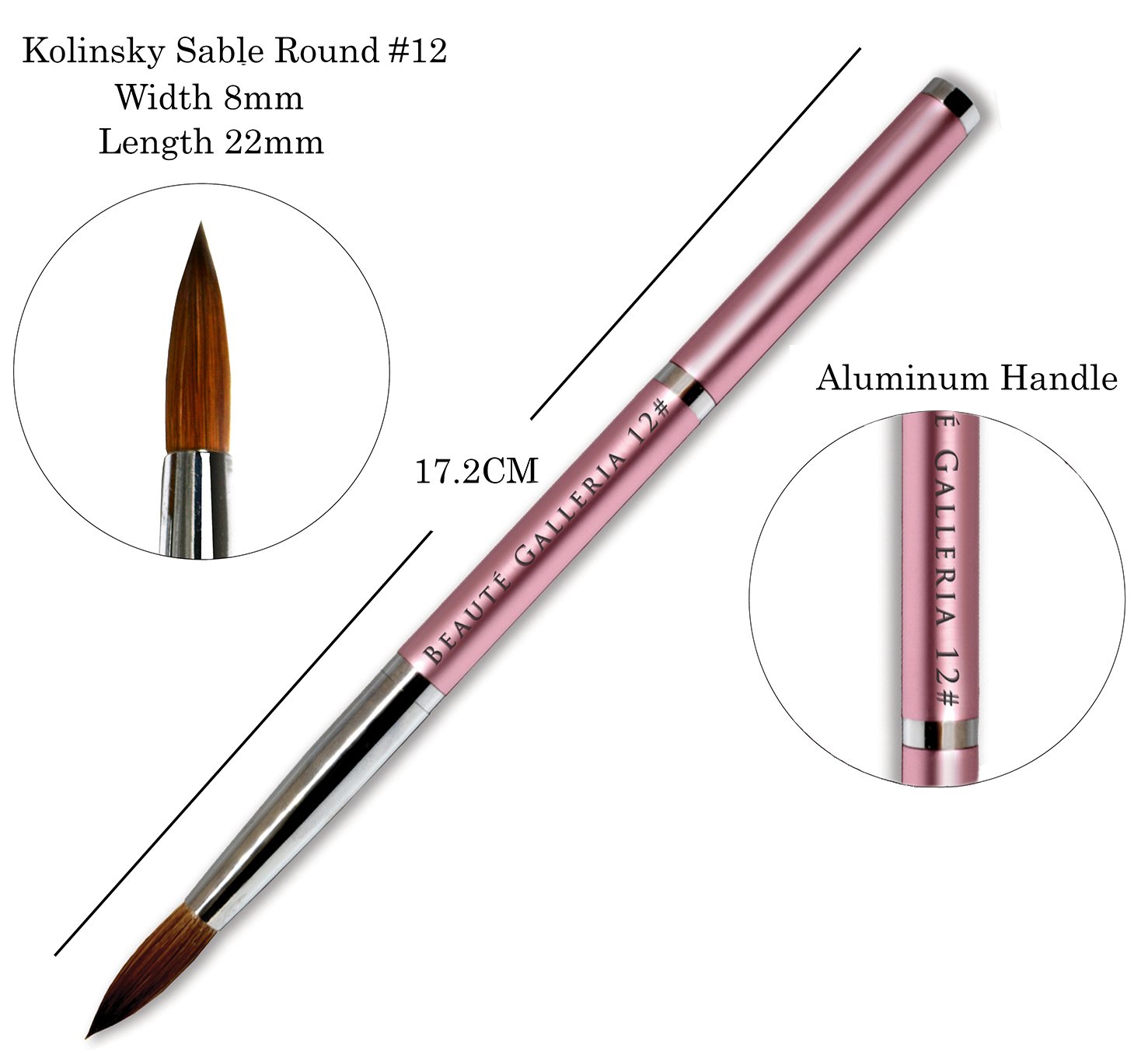 Beaute Galleria Kolinsky - Set di 2 pennelli rotondi per nail art, in acrilico, per manicure, pittura e nail art, misura 8, 12