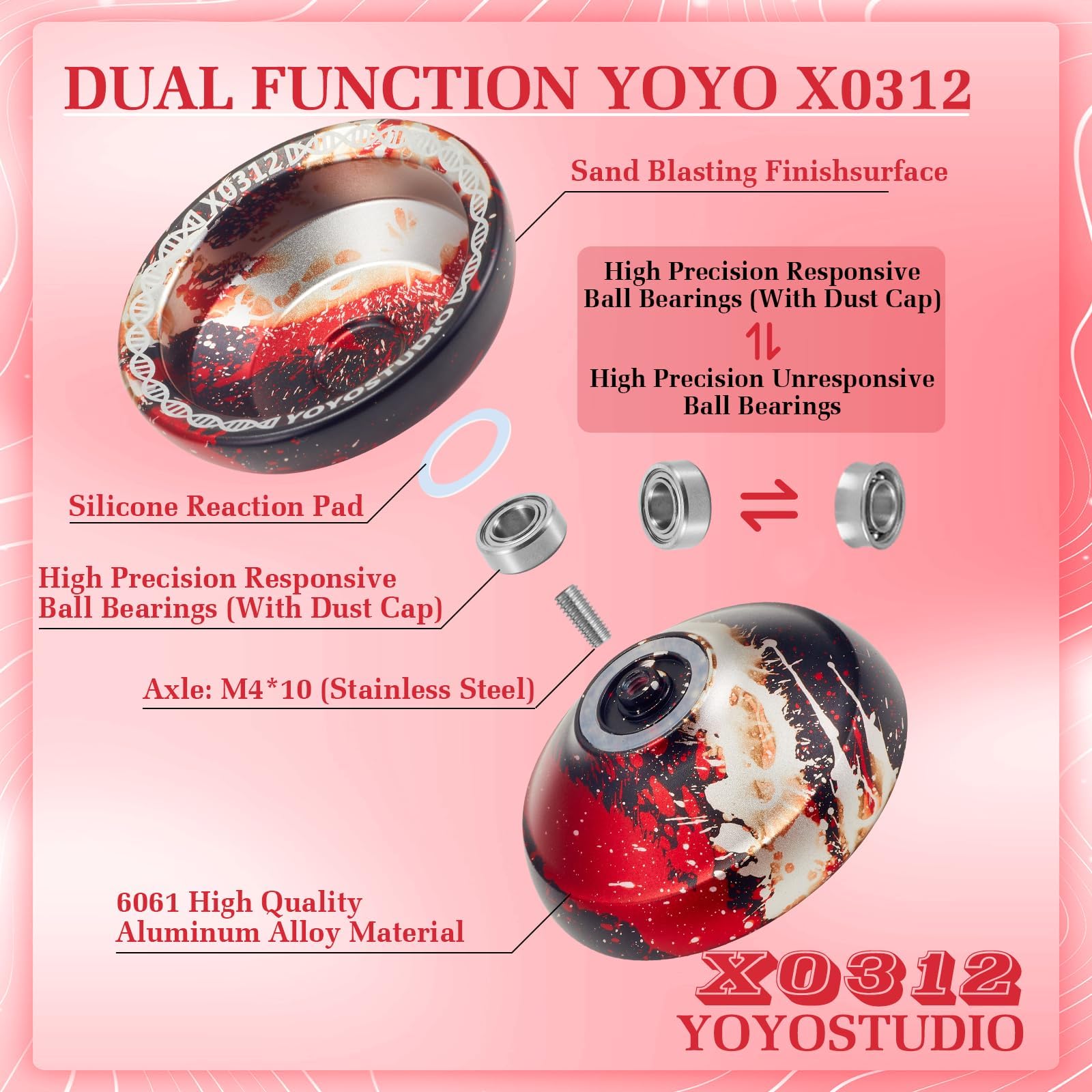 YOYOSTUDIO X0312 Fingerspin Trick Yoyo Professional, Responsive Yoyo for Kids 8-12, Unresponsive Yo yo for Kids Adults Professional with Bearing Kit, Yo-Yo String, Yoyos Case, Glove (Black Red Silver)