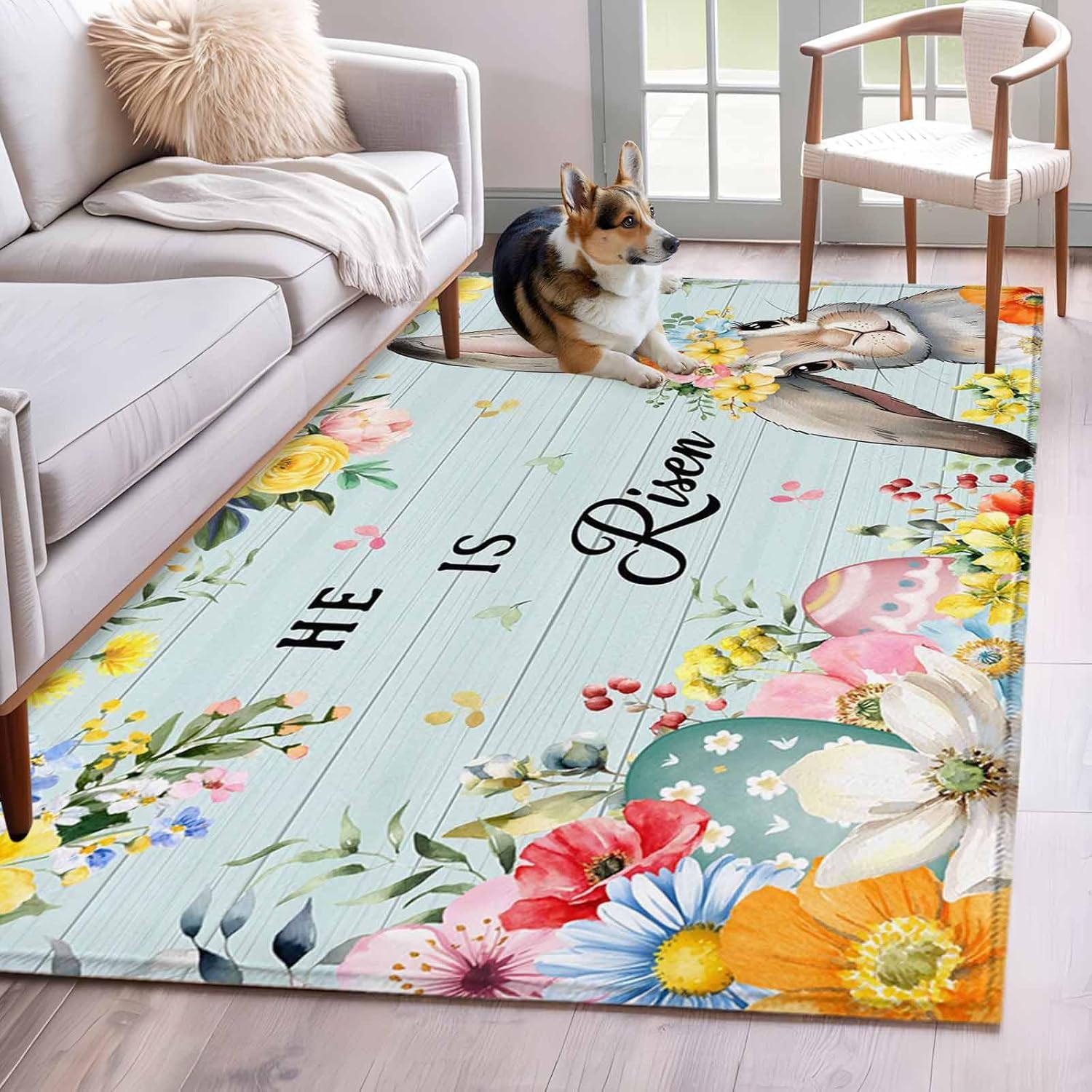4×6 Area Rugs for Living Room, Easter Washable Rug Rectangular Indoor Carpet Non-Slip, Spring Farmhouse Bunny Flower Teal Wood Grain Low Pile Bathroom Rug Kitchen Runner Rugs for Bedroom