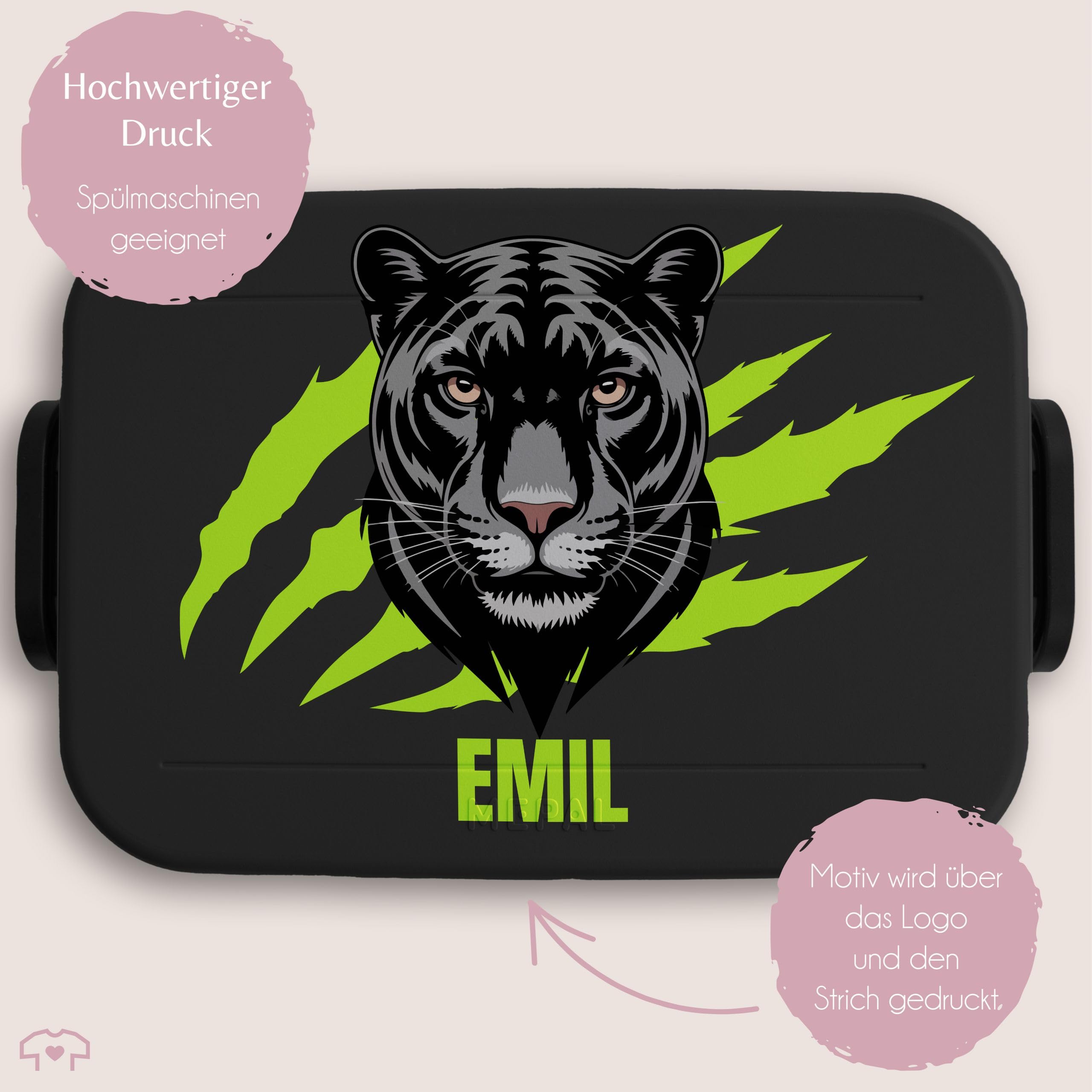 Kinder Bento Box Midi Lunchbox für Mepal Bentobox - Einschulung Geschenk Brotbox Panther mit Name personalisiert I Schulkind Geschenk Schule I Schulanfang I Schuleinführung - 900 ml - Schwarz