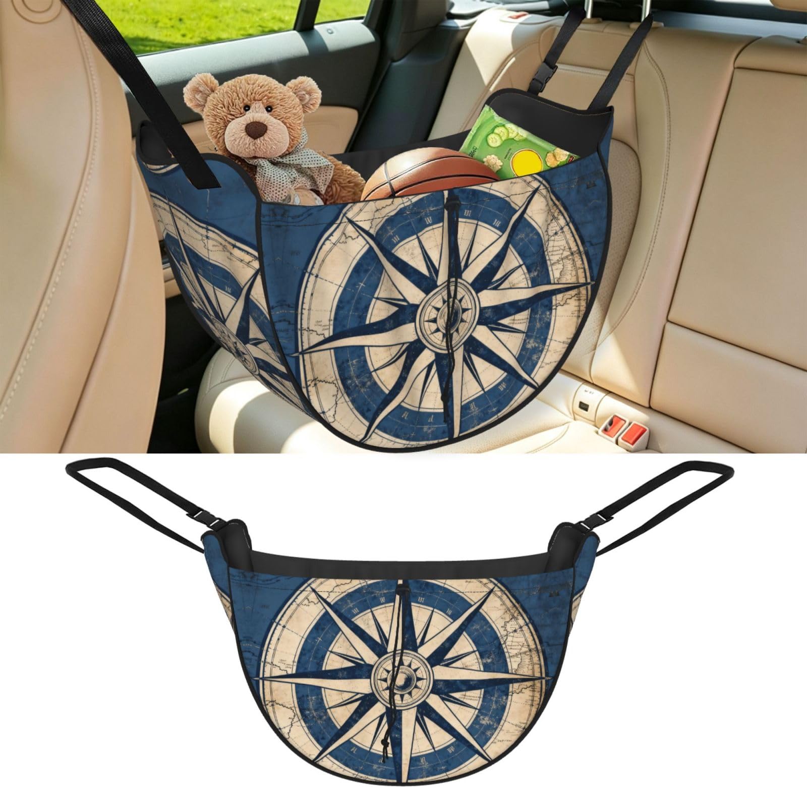 Cntdbu Black Compass Rose Design Car Seat Organizer-Backseat Storage Bag For Travel