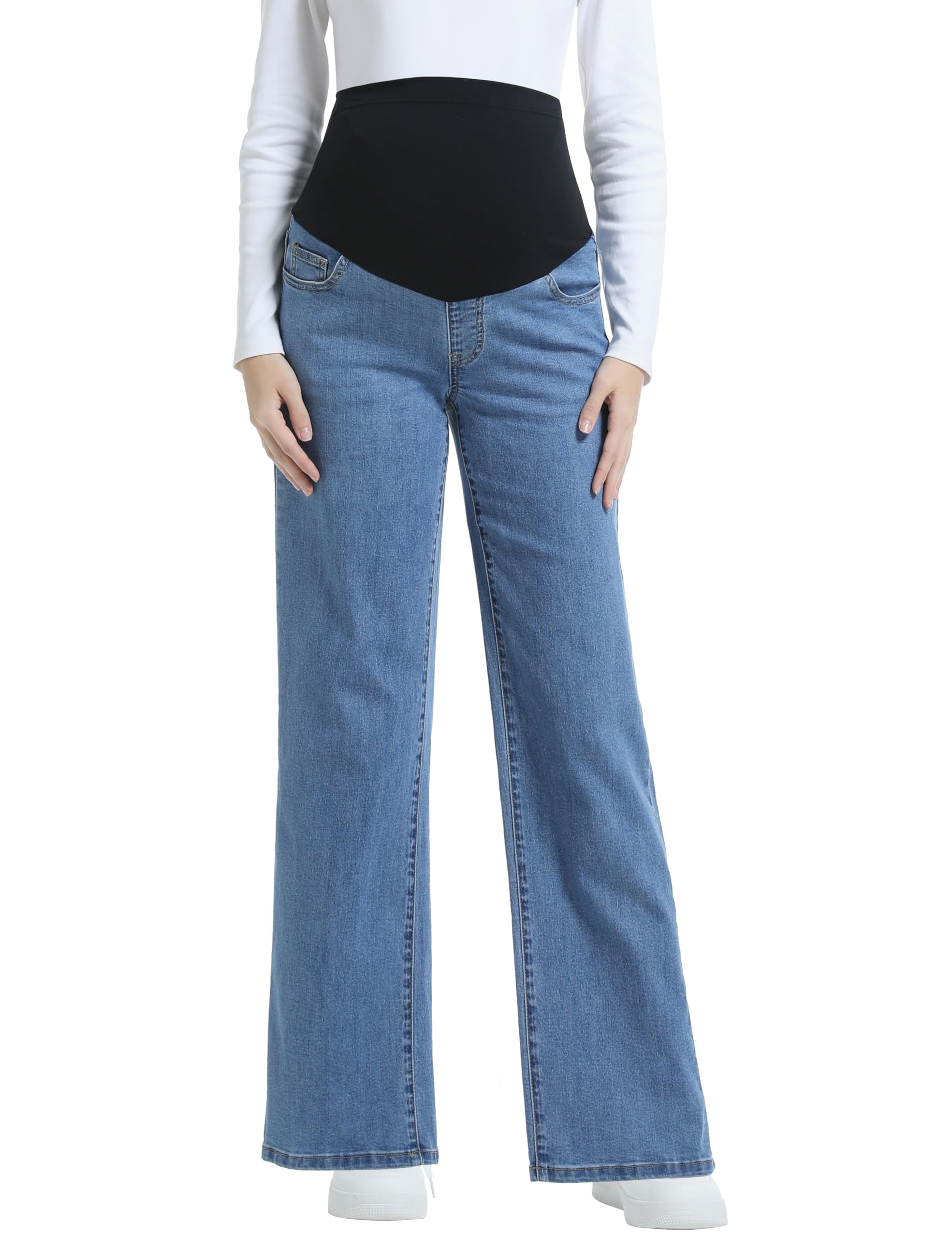 Foucome Jeans premaman da donna a gamba larga, elasticizzati, vestibilità larga, jeans in denim sopra la pancia