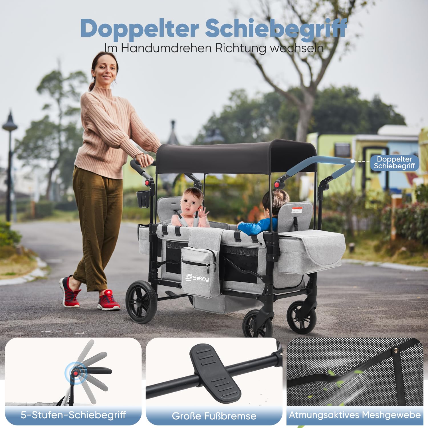 Sekey Bollerwagen Kinder Zwillingsmodus, Bollerwagen Faltbar mit Dach 2 Kinder, Duo Schiebegriff Kinderwagen Doppelsitz mit 2 integrierten 5-Punkt-Gurtsystem, Zwillingskinderwagen (Grau, Premium)