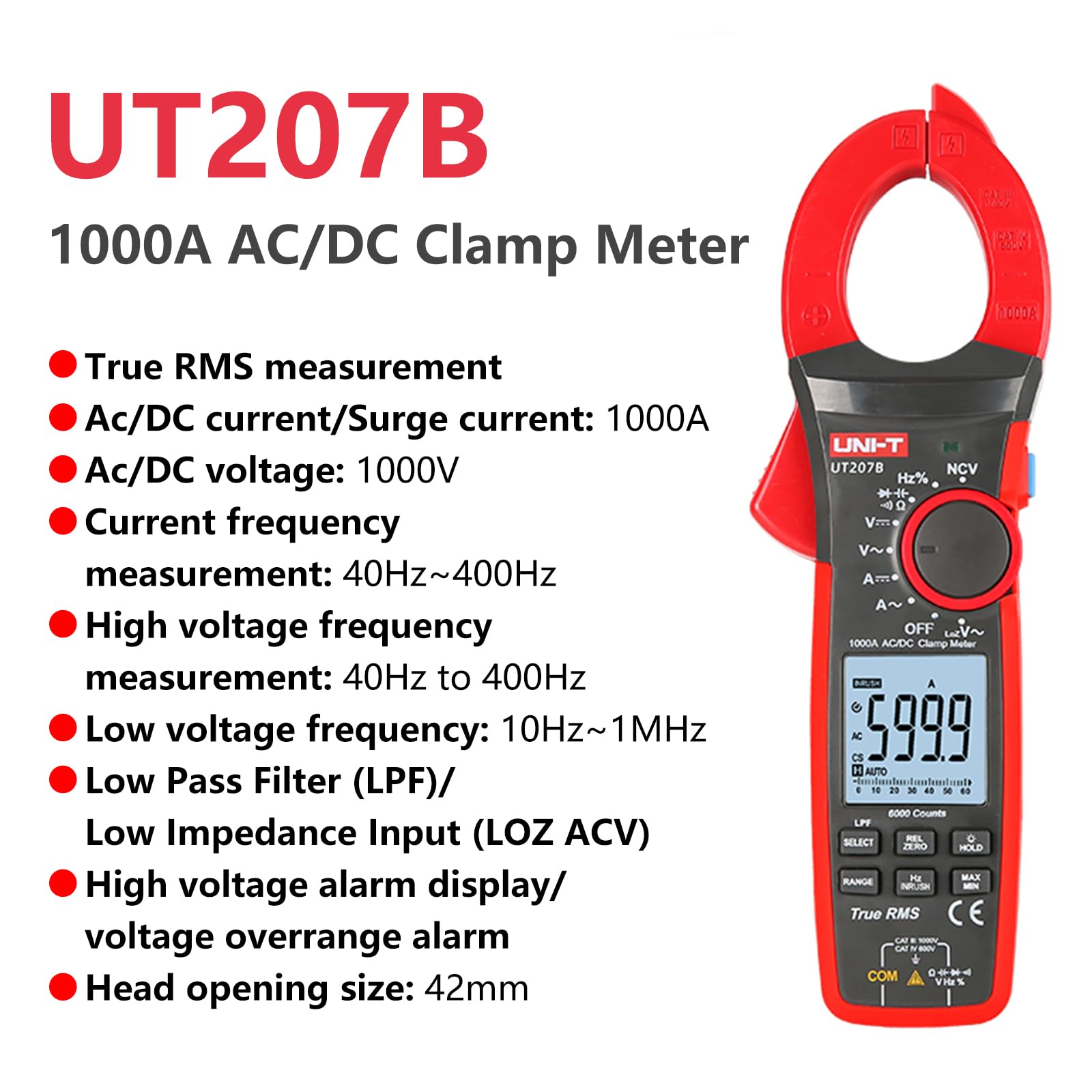 UT207B cyfrowy miernik cęgowy 1000A prąd AC DC 6000 Count podświetlenie latarka multimetr tester