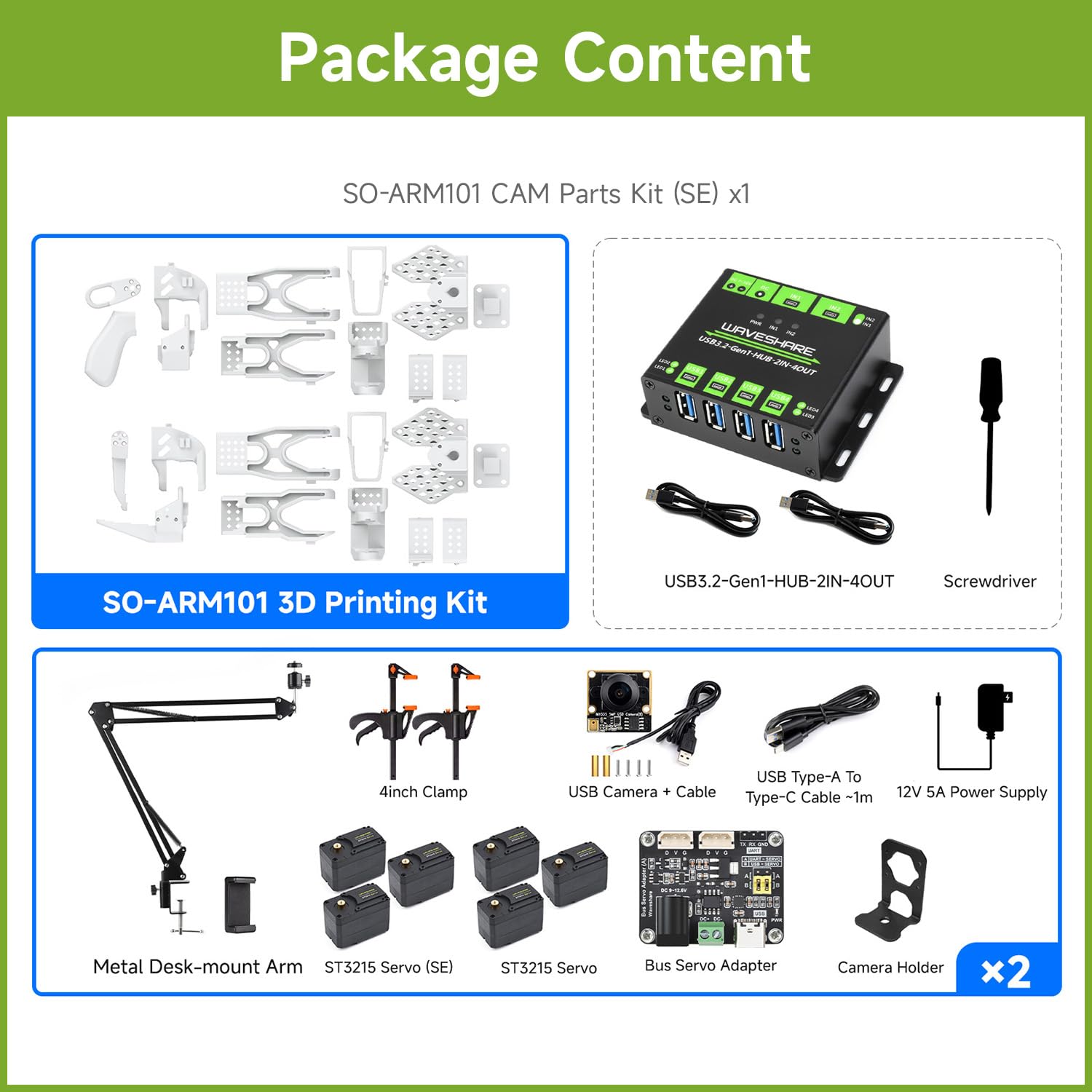 Waveshare SO-ARM101, Open-Source 6-Axis Robotic Arm, Native Support for Hugging Face LeRobot, High-Torque Bus Servo, Photosensitive Resin 3D-Printed Parts, CAM Kit (SE)
