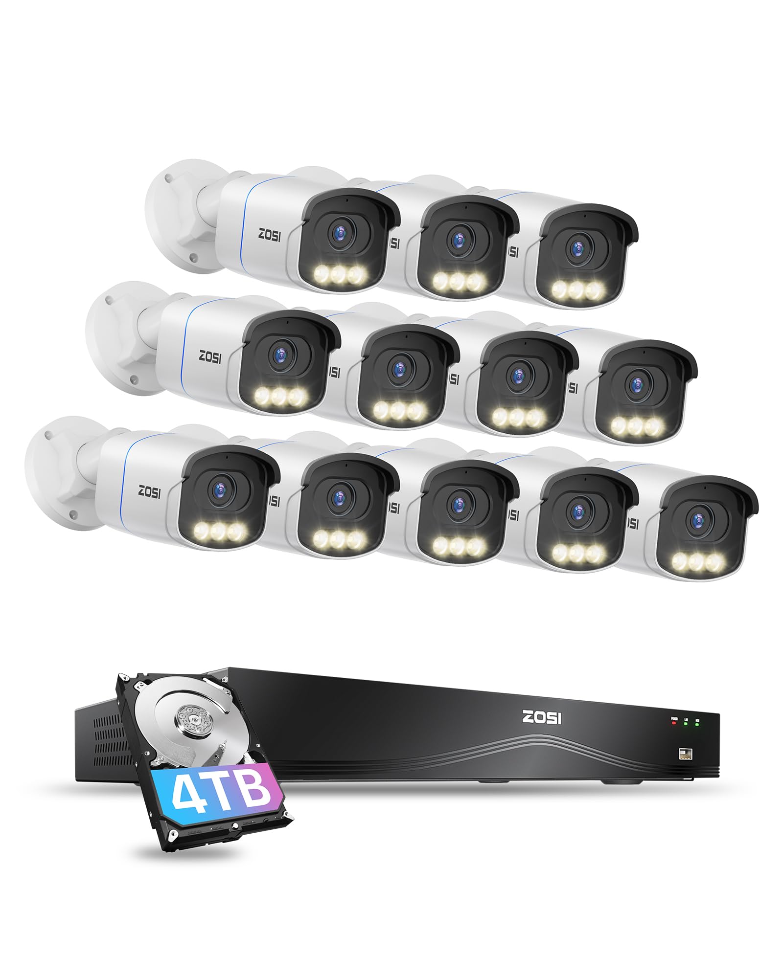ZOSI 4K 16CH PoE Security Camera System, 12X C186 Aurora Lux Cams, 4TB HDD
