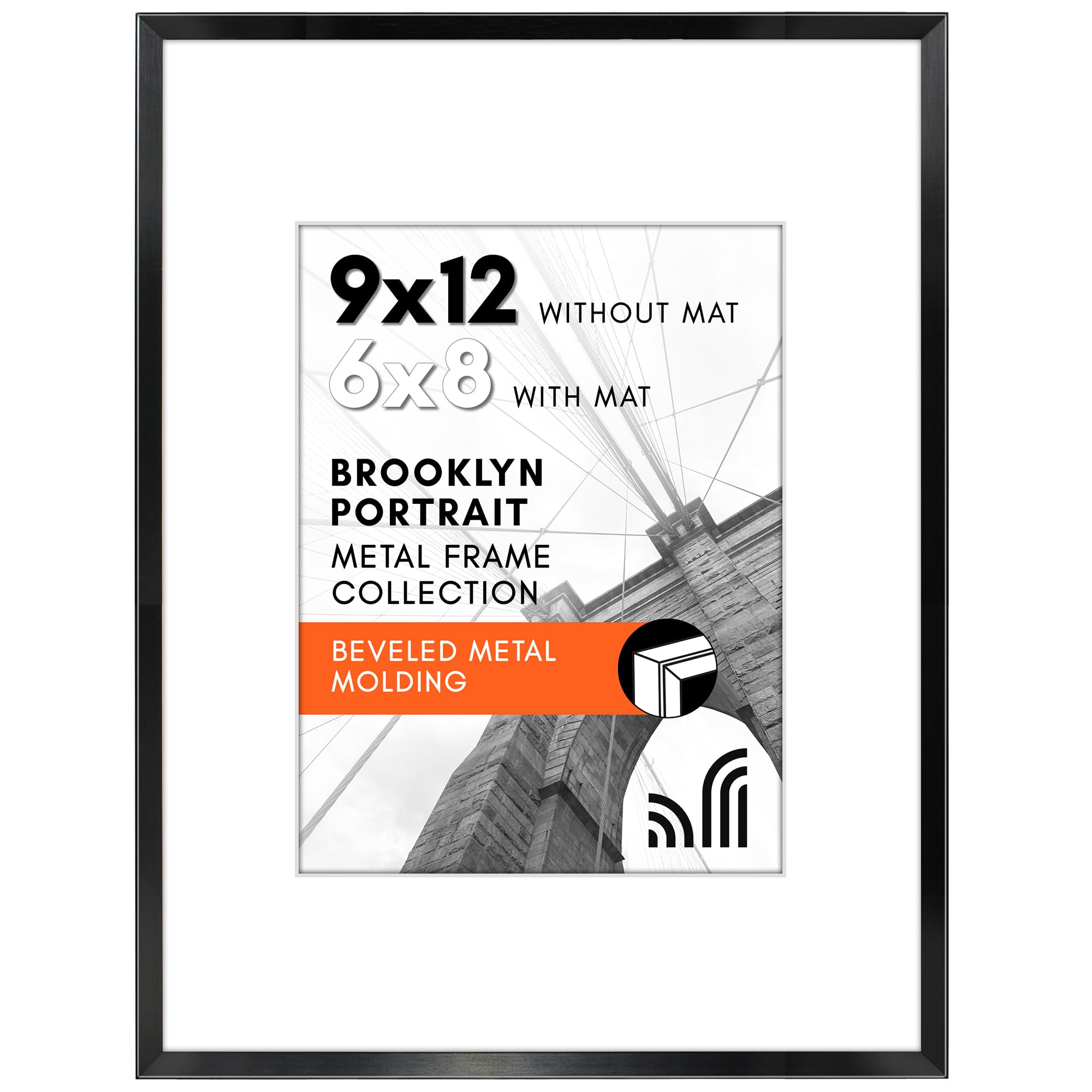 Americanflat Aluminum 9x12 Picture Frame with Shatter-Resistant Glass - Use as 6x8 Frame with Mat or 9x12 Frame Without Mat - Brooklyn Collection - Photo Frame for Tabletop and Wall Display - Black