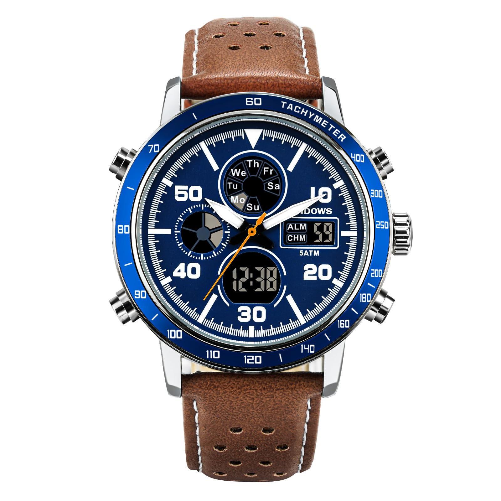 PINDOWS Montre numérique analogique pour homme, étanche à 50 m, bracelet en cuir
